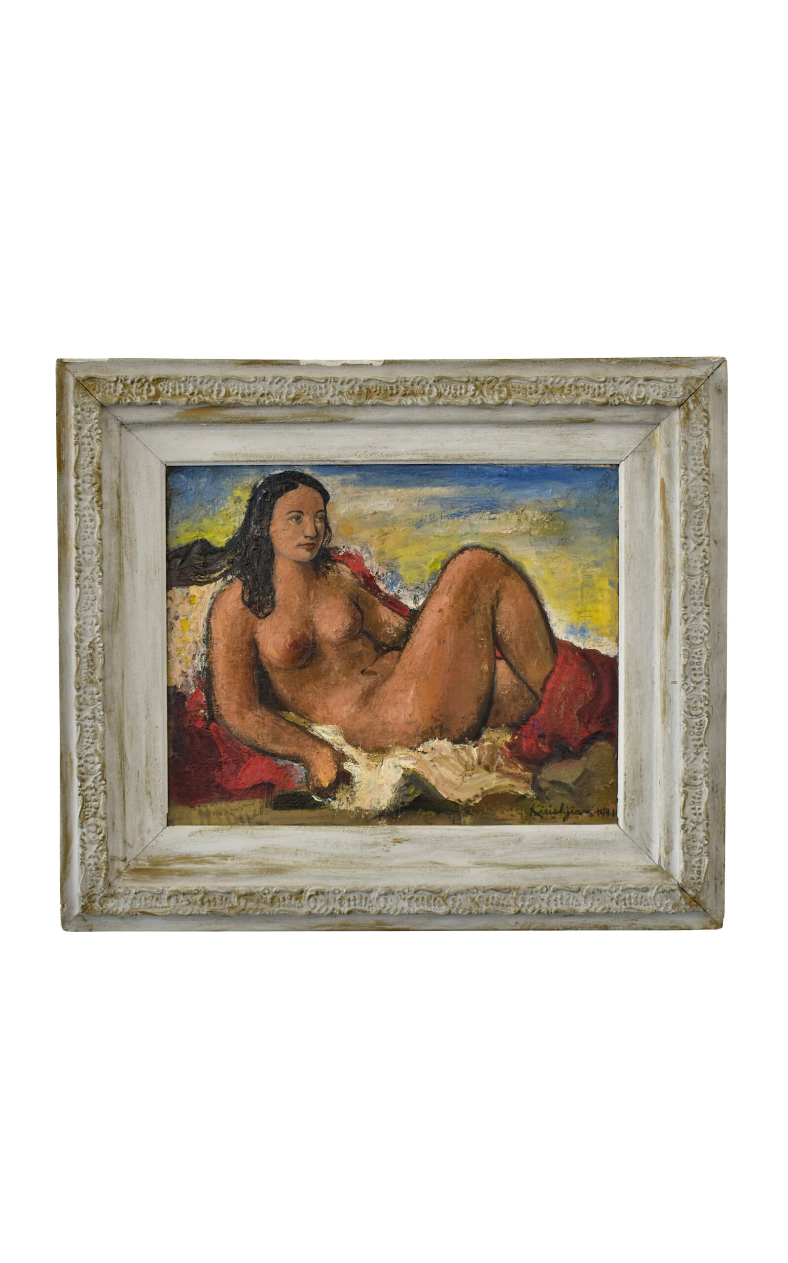 Portmanteau New York Vintage Oil On Board Framed Portrait Of A Reclining Nude By Vahe Kirishjian; Circa 1941 In Multi