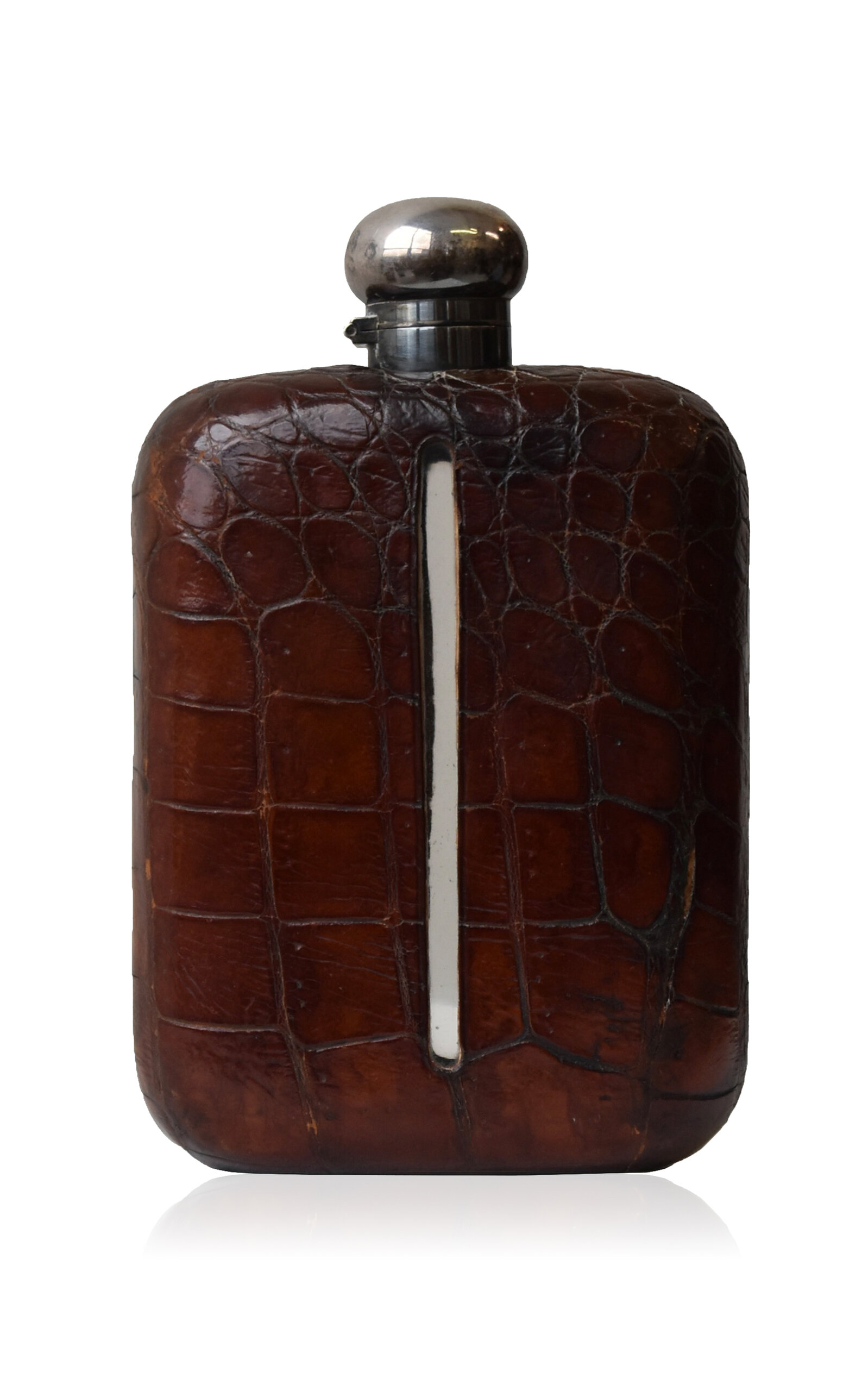 Portmanteau New York Antique Edwardian Silver Plate + Crocodile Wrapped Hip Flask; Circa 1900s-1910s In Multi