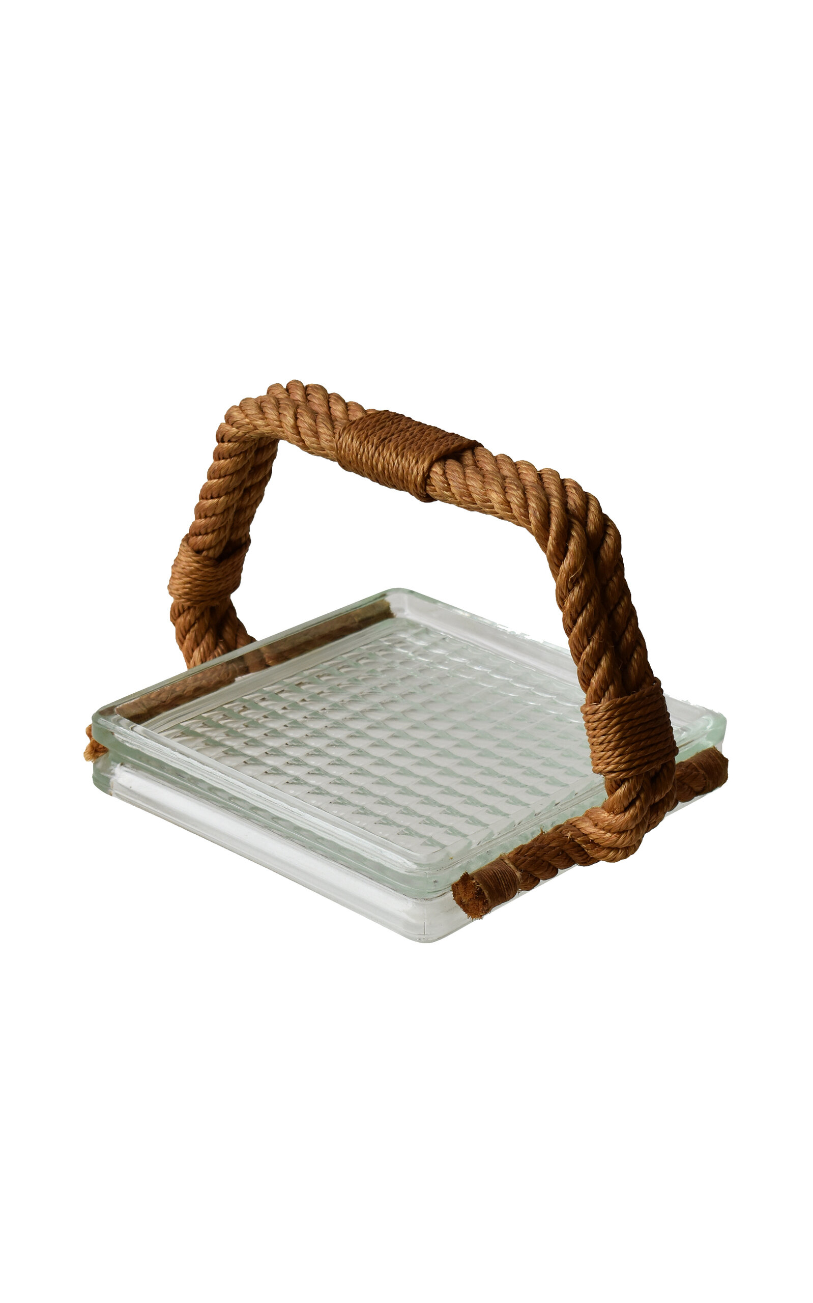 Portmanteau New York Vintage Cast Glass Vide Poche With Rope Handle Attributed To Audoux Minet; Circa 1960s In Multi