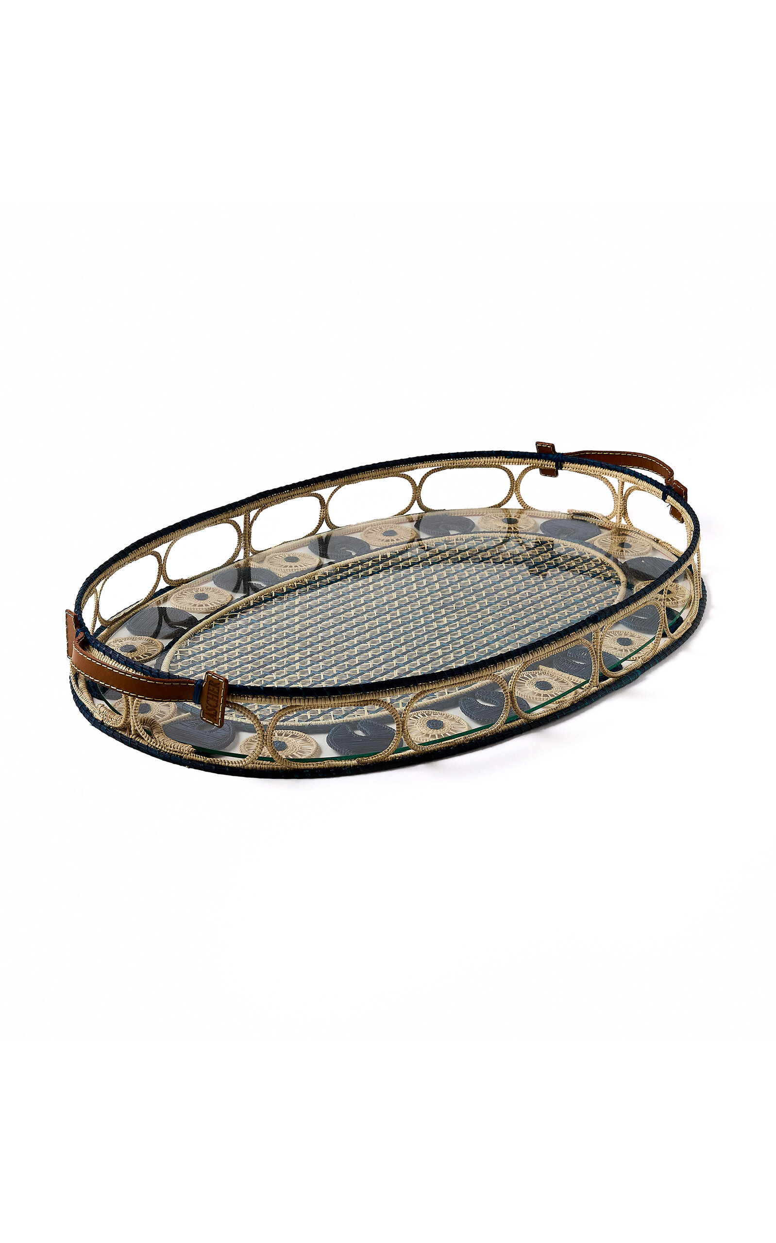 Ascher Iraca Palm Leather Tray In Blue