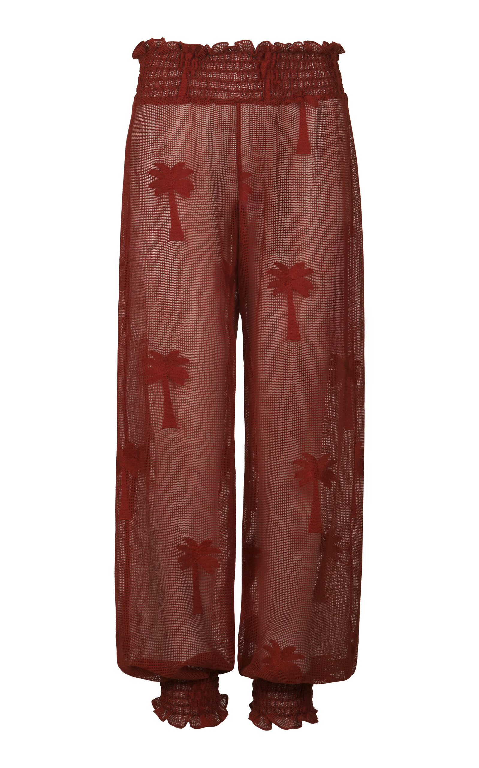 Johanna Ortiz Nomad Palm-Tree Cotton Mesh Wide-Leg Pants - Burgundy