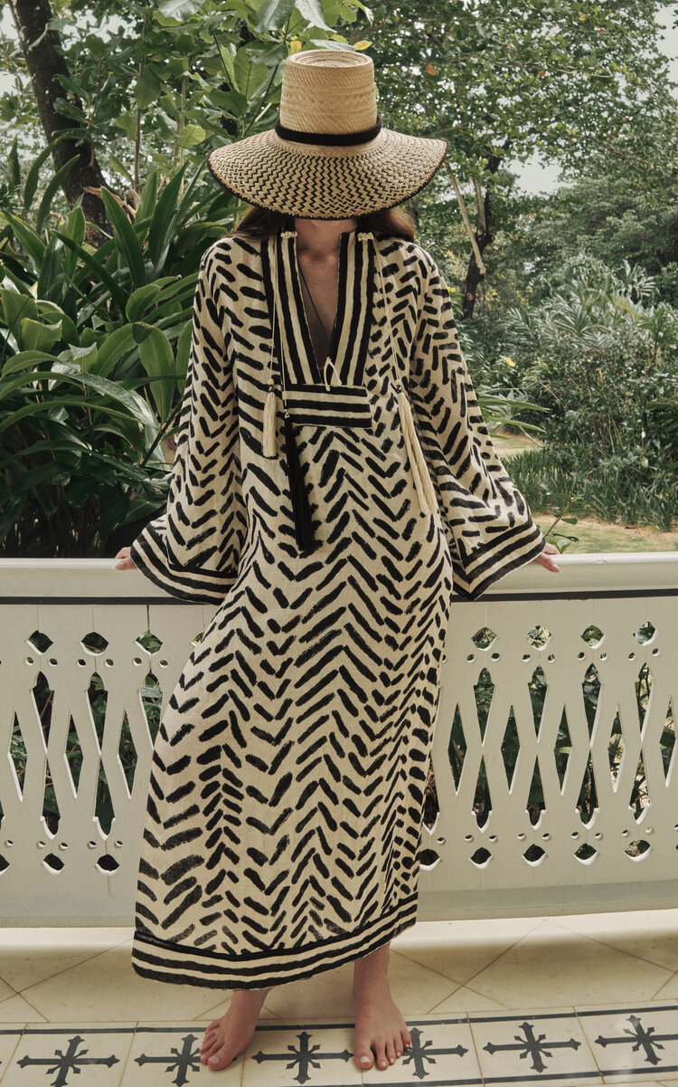 Johanna Ortiz Squared Away Printed Linen Tunic Midi Dress In Black