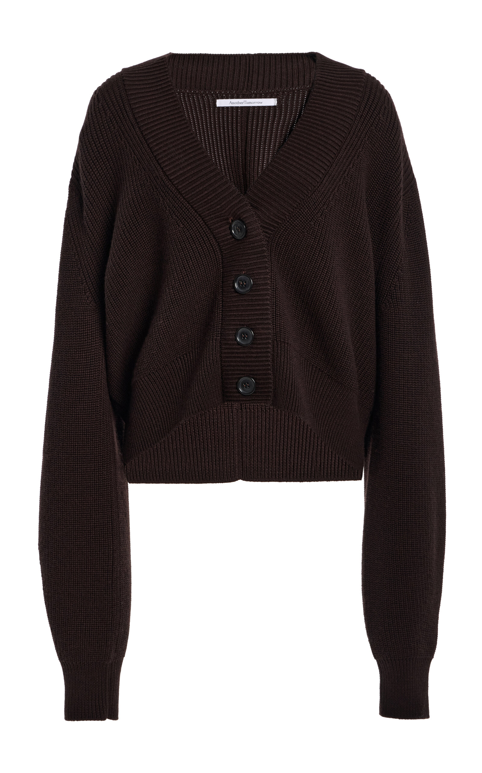 Another Tomorrow Ribbed Cropped Wool Cardigan