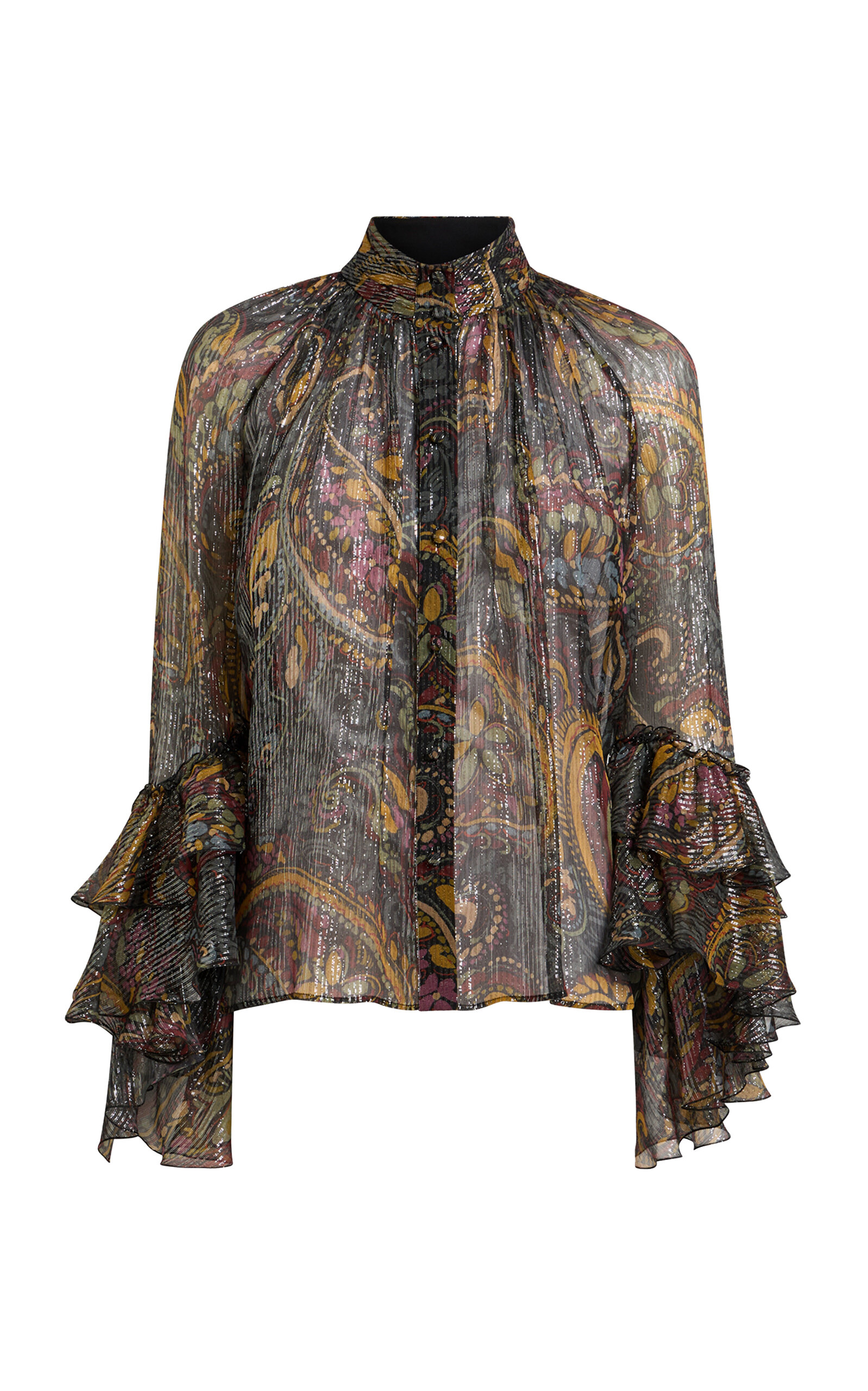 Etro Ruffled Metallic Silk Blouse In Multi