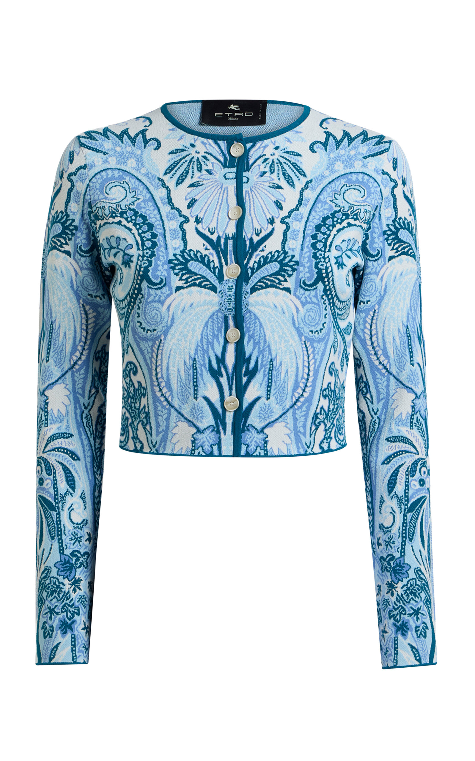 Etro Cropped Patterned Knit Cardigan In Blue