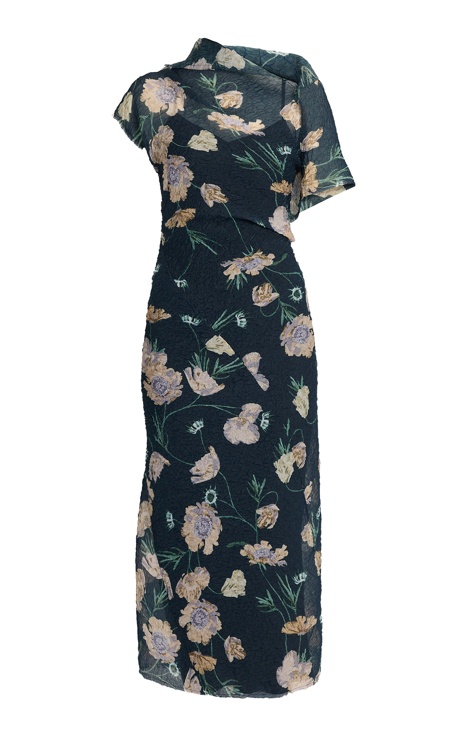 Erdem Asymmetric Floral Organza Cloque Midi Dress