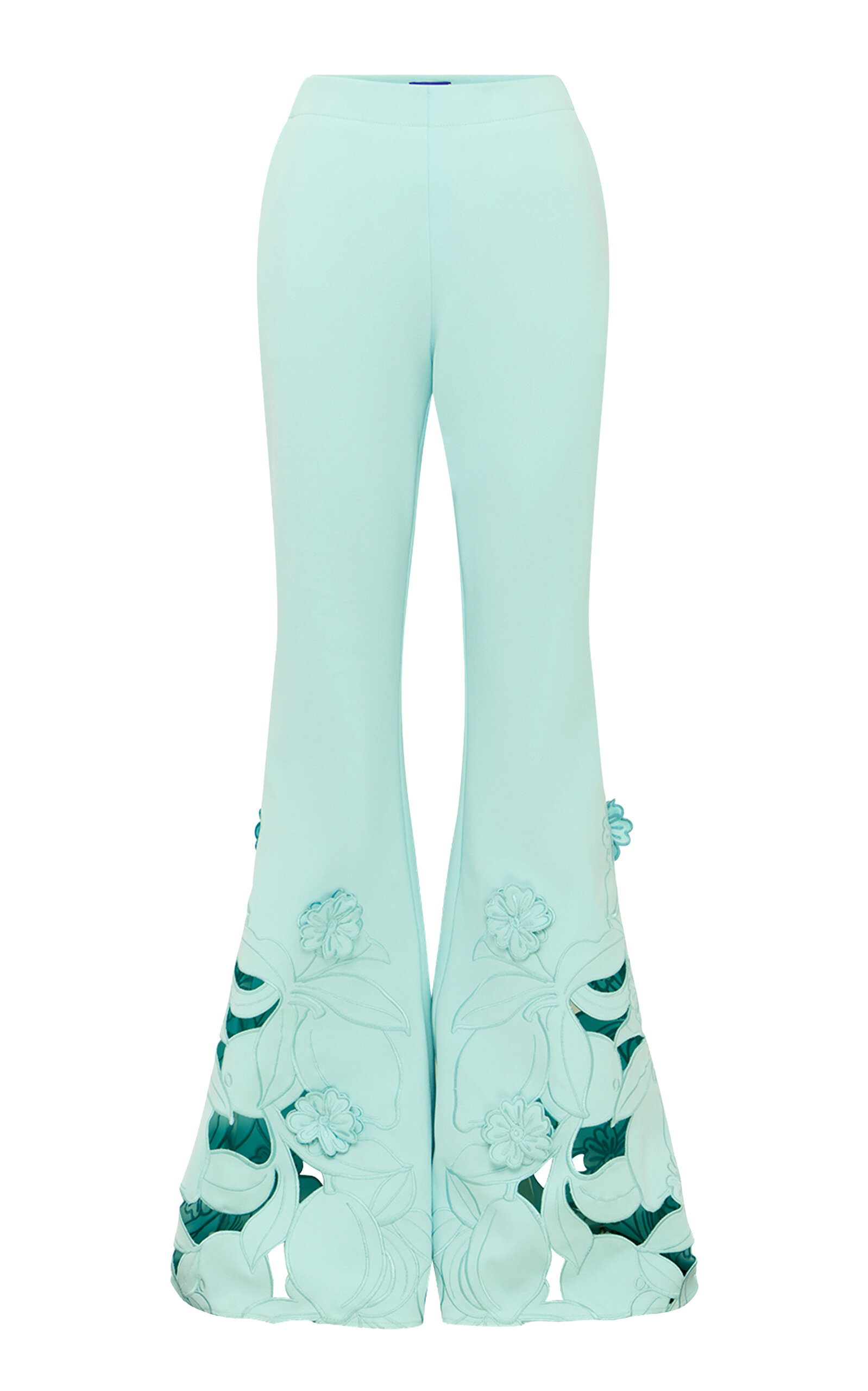 Leo Lin Applique Cutout Linen-Silk Bell Bottom Pants