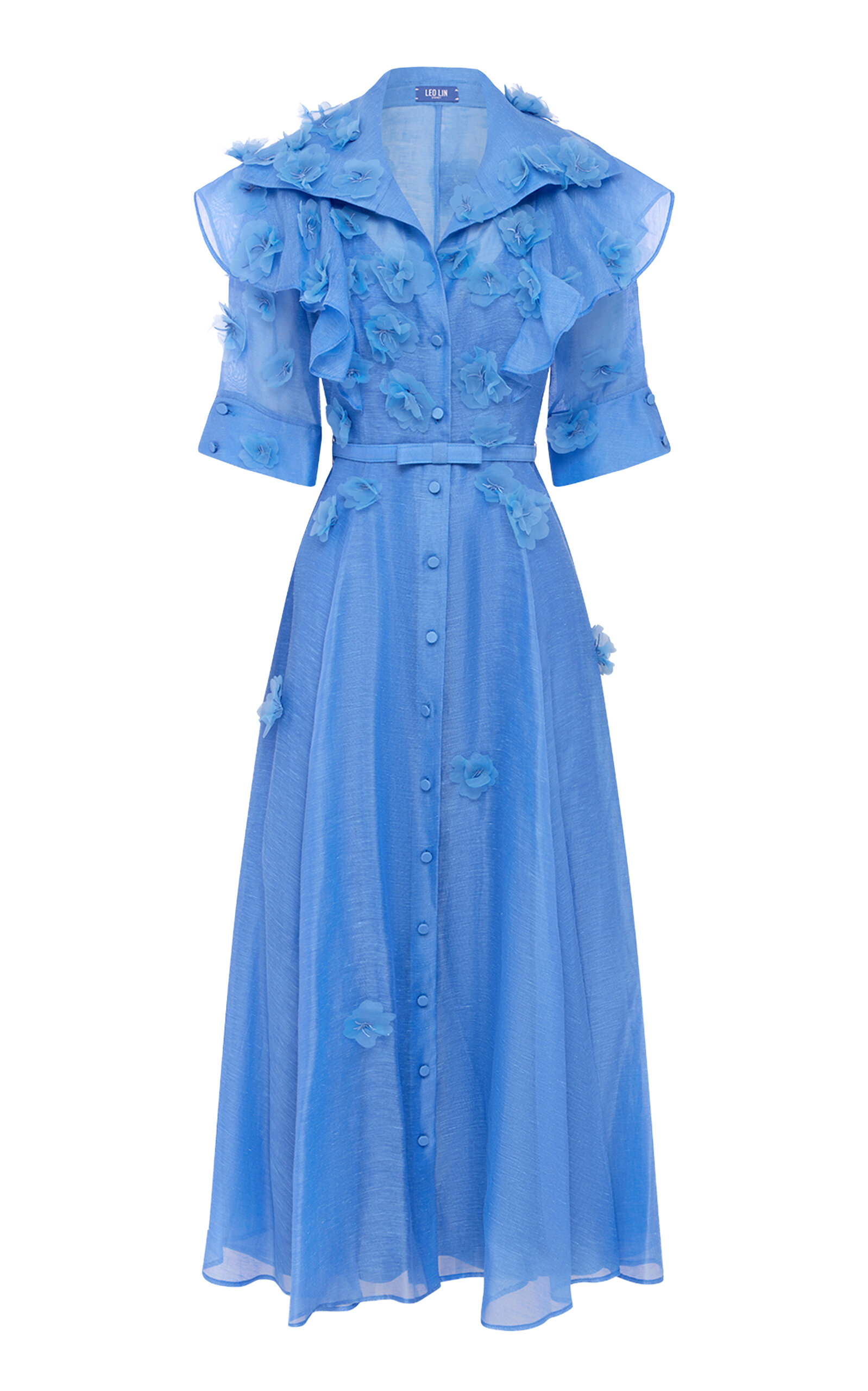 Leo Lin Anya Petal-Embellished Linen-Silk Button-Up Midi Dress
