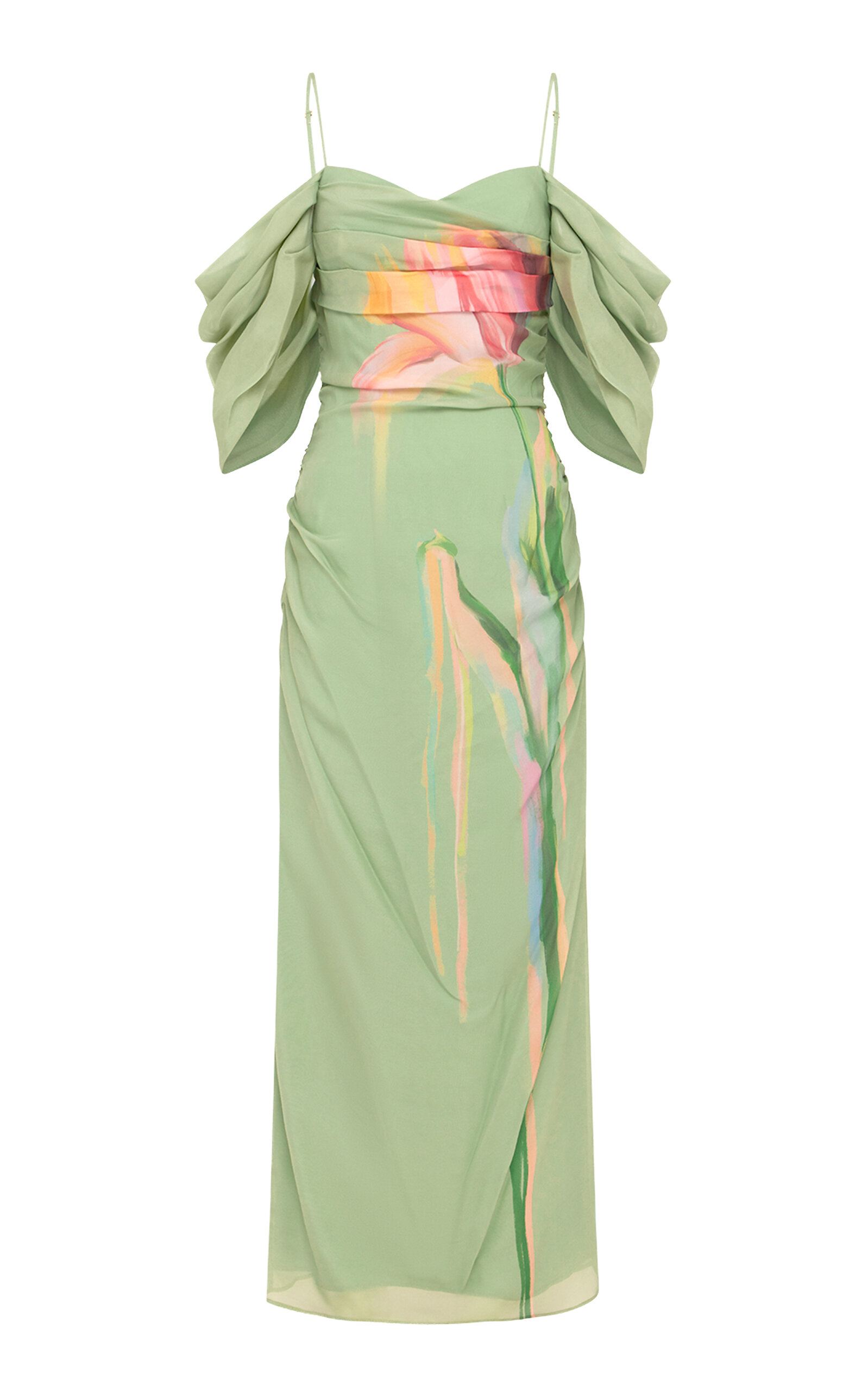 Leo Lin Angeline Floral-Print Draped-Sleeve Silk Maxi Dress