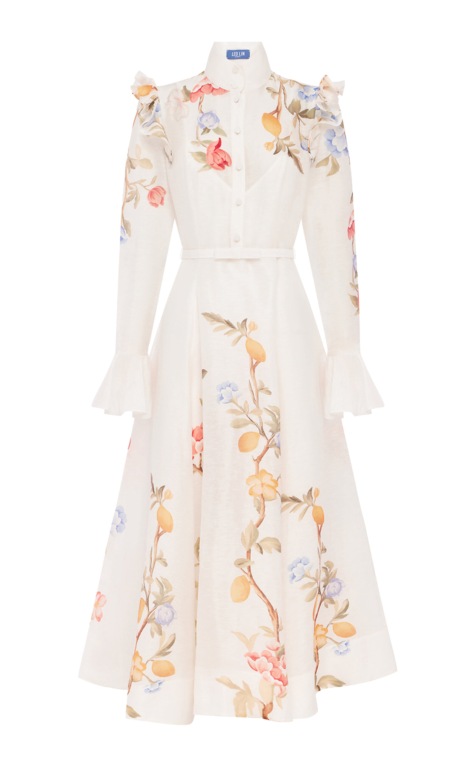 Leo Lin Selina Floral-Print Button-Up Linen-Blend Midi Dress