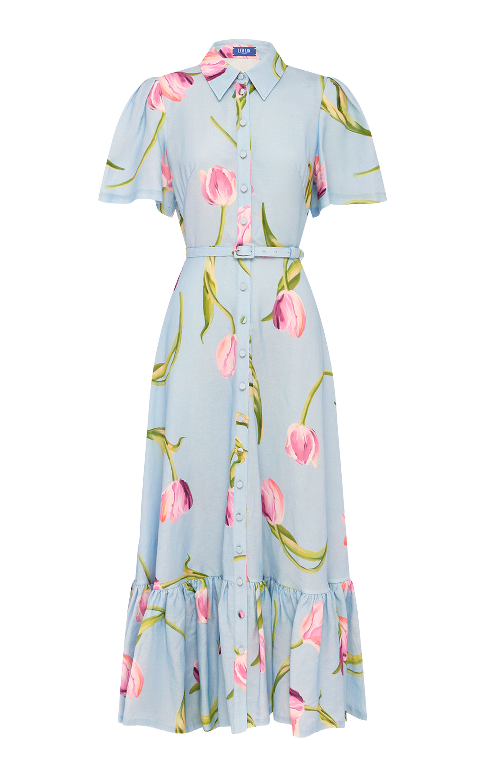 Leo Lin Becca Ruffle-Hem Button-Up Linen-Blend Midi Dress