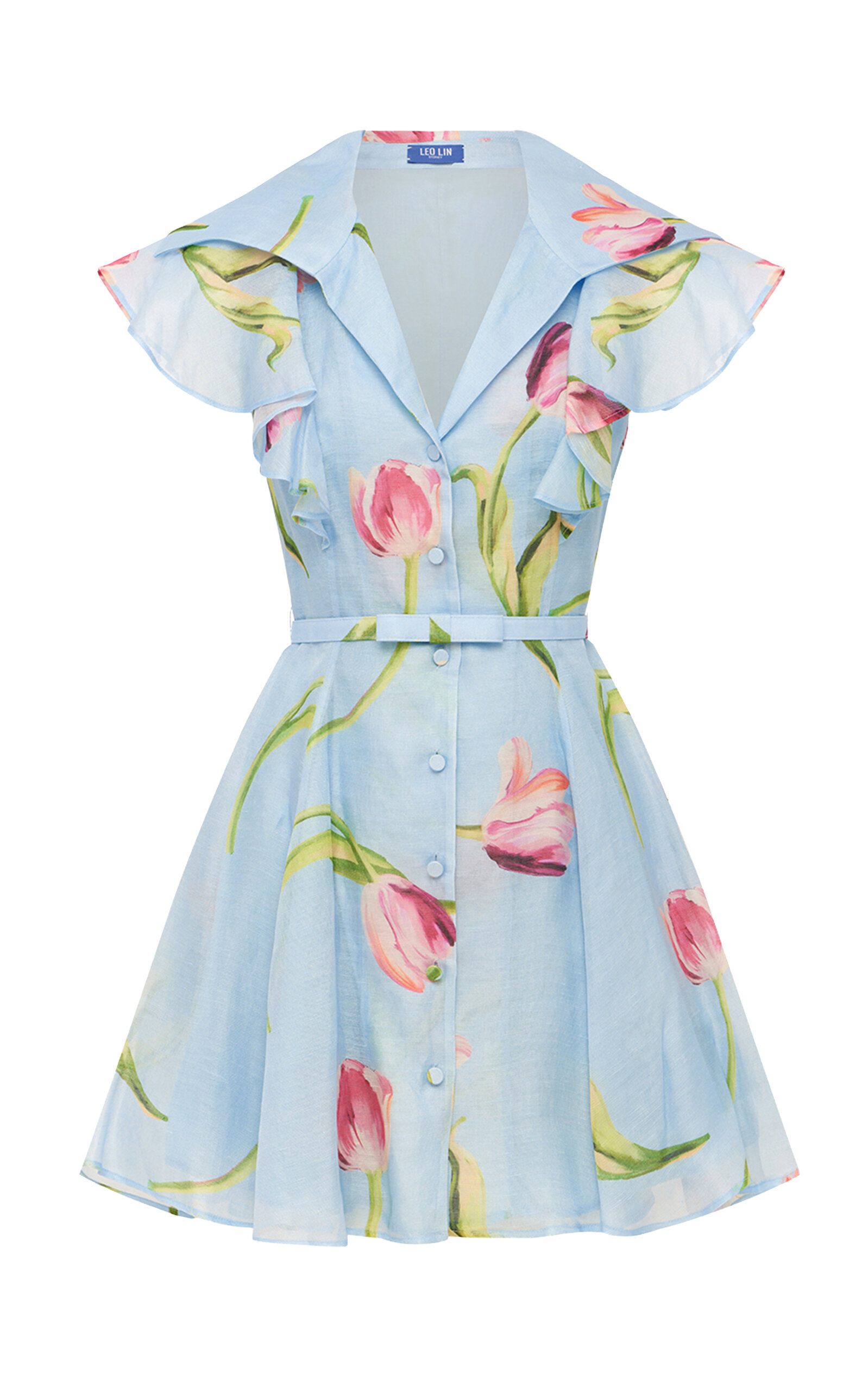Leo Lin Isla Floral-Print Button-Up Linen-Silk Mini Dress