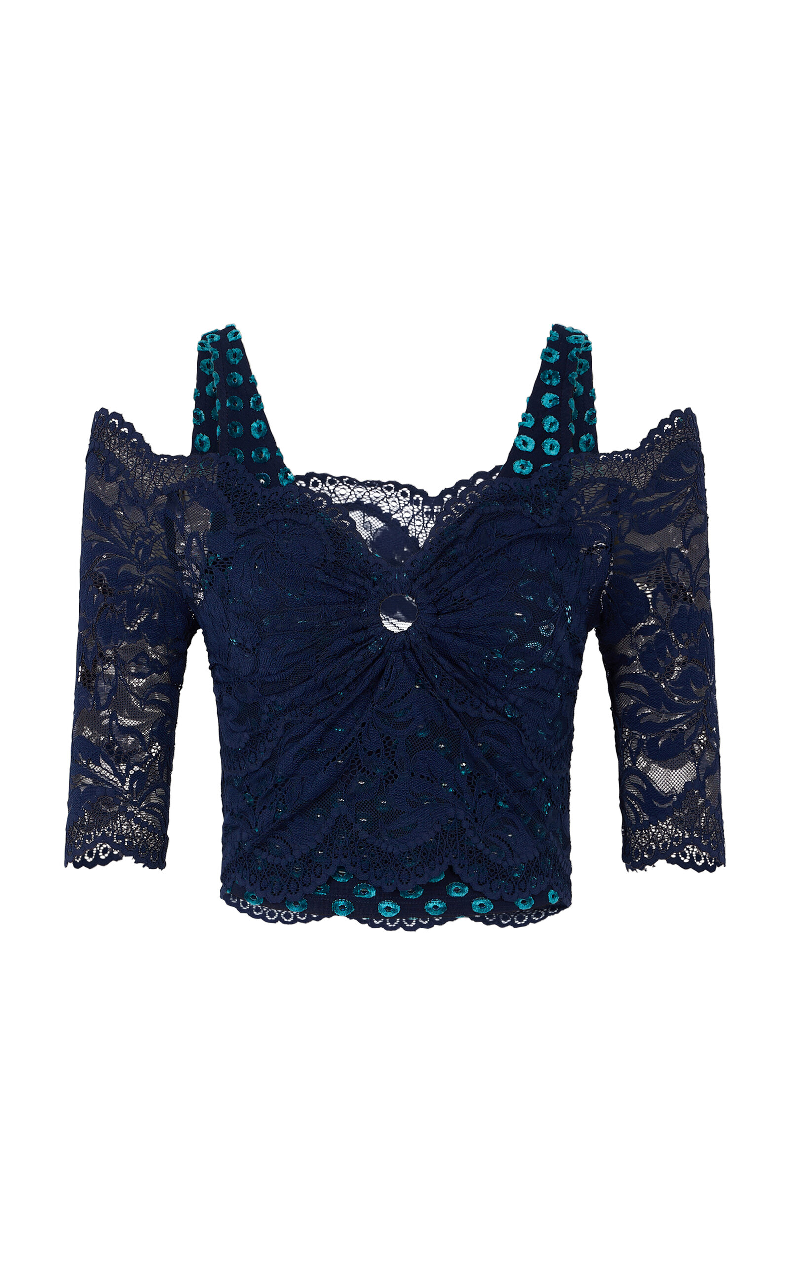 Rabanne Open-Shoulder Stretch-Lace Top