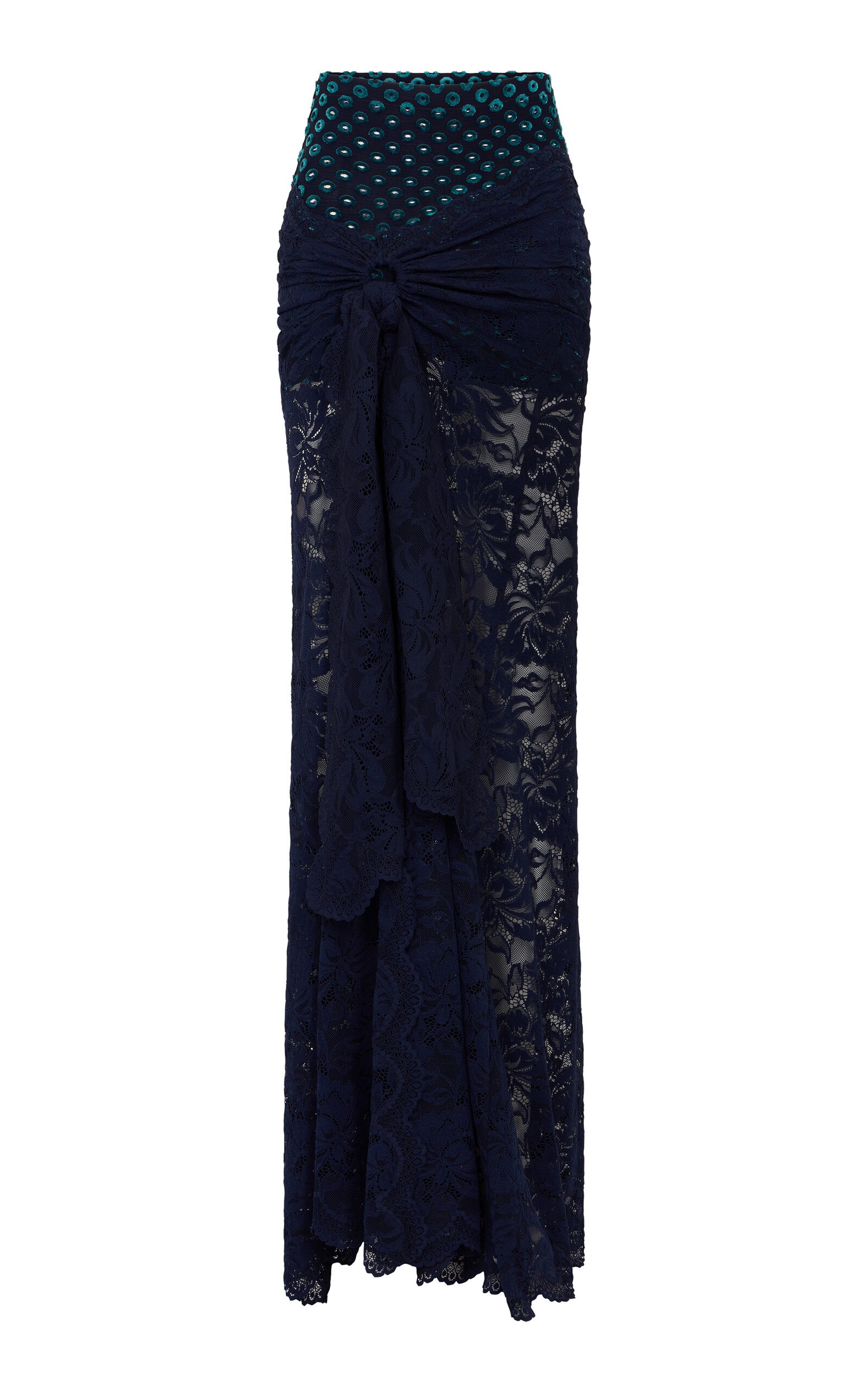 Rabanne Knot-Front Stretch-Lace Maxi Skirt