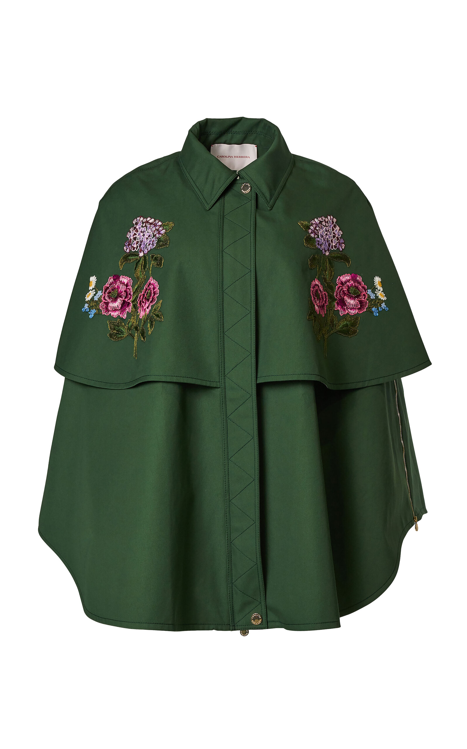 Carolina Herrera - Embroidered Cotton-Twill Cape - Dark Green - US 2 - Moda Operandi
