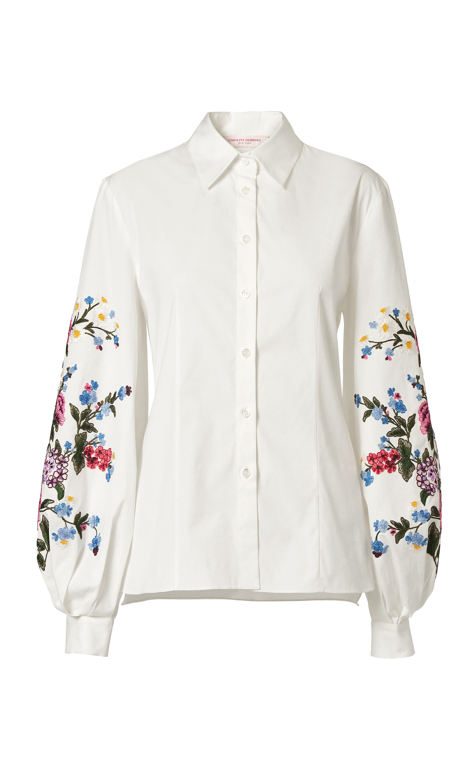 Carolina Herrera Embroidered Stretch-Cotton Shirting Button-Down Shirt