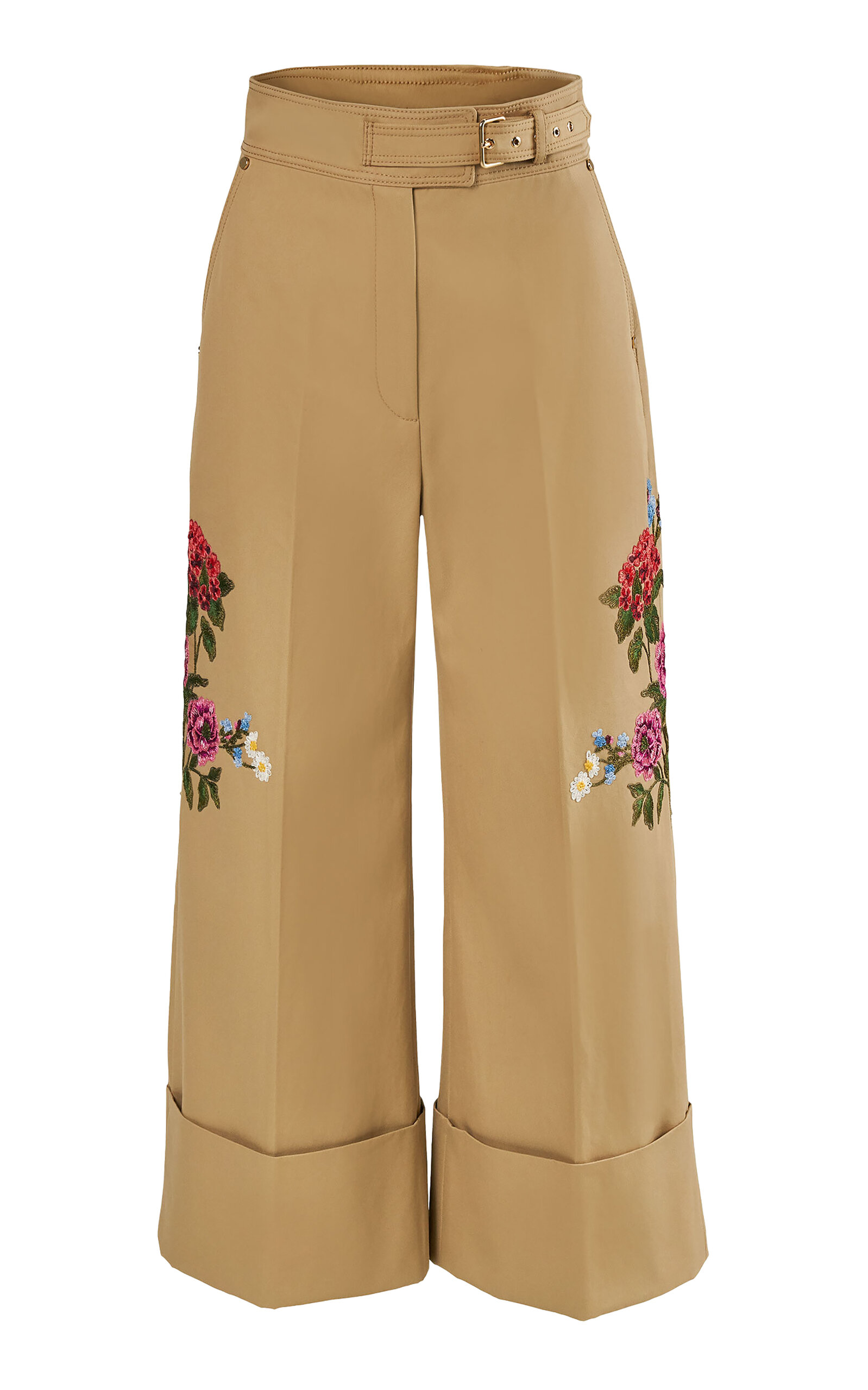 Carolina Herrera Embroidered Cotton-Twill Wide-Leg Pants