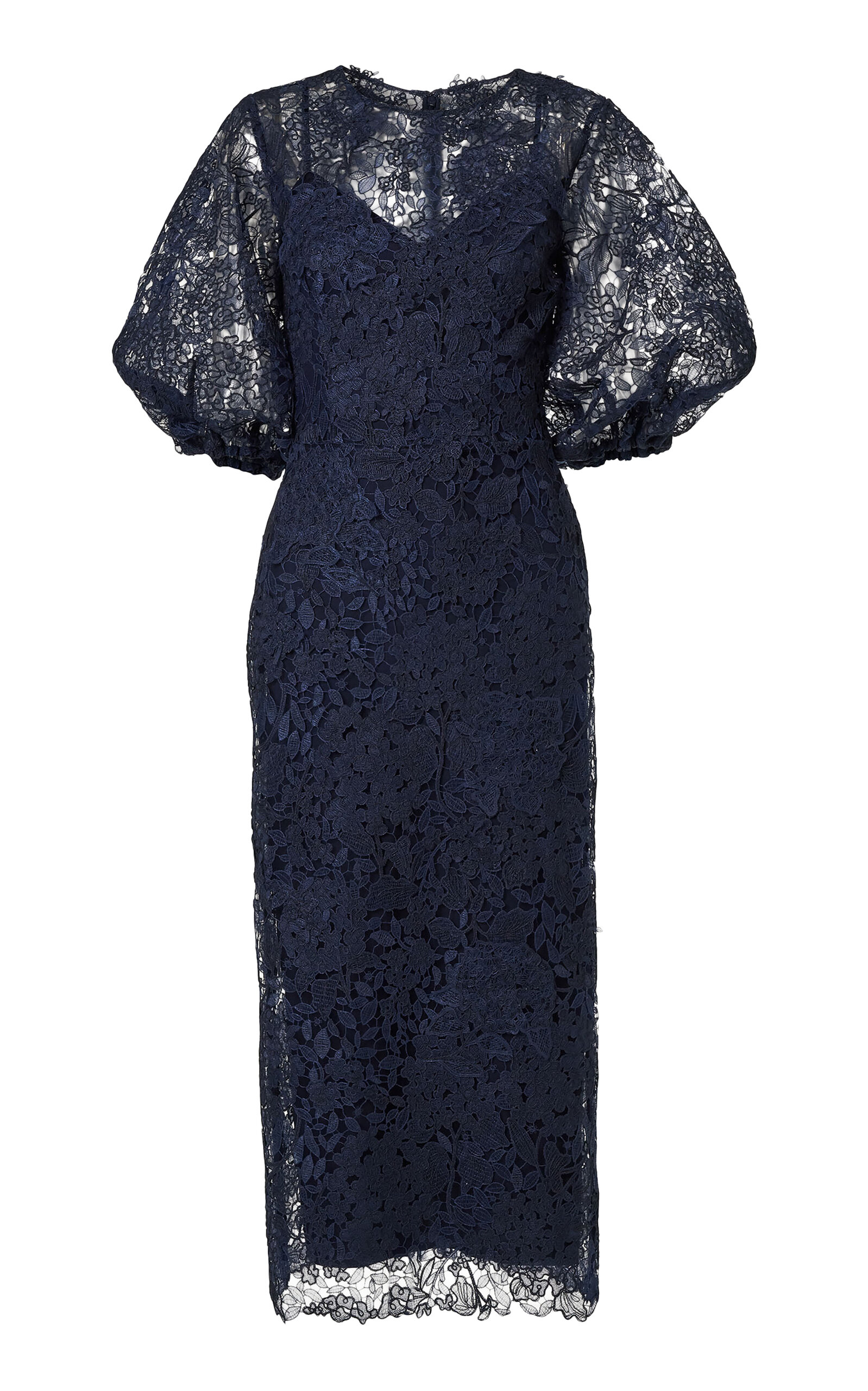 Carolina Herrera Balloon-Sleeved Hydrangea Floral Lace Midi Dress