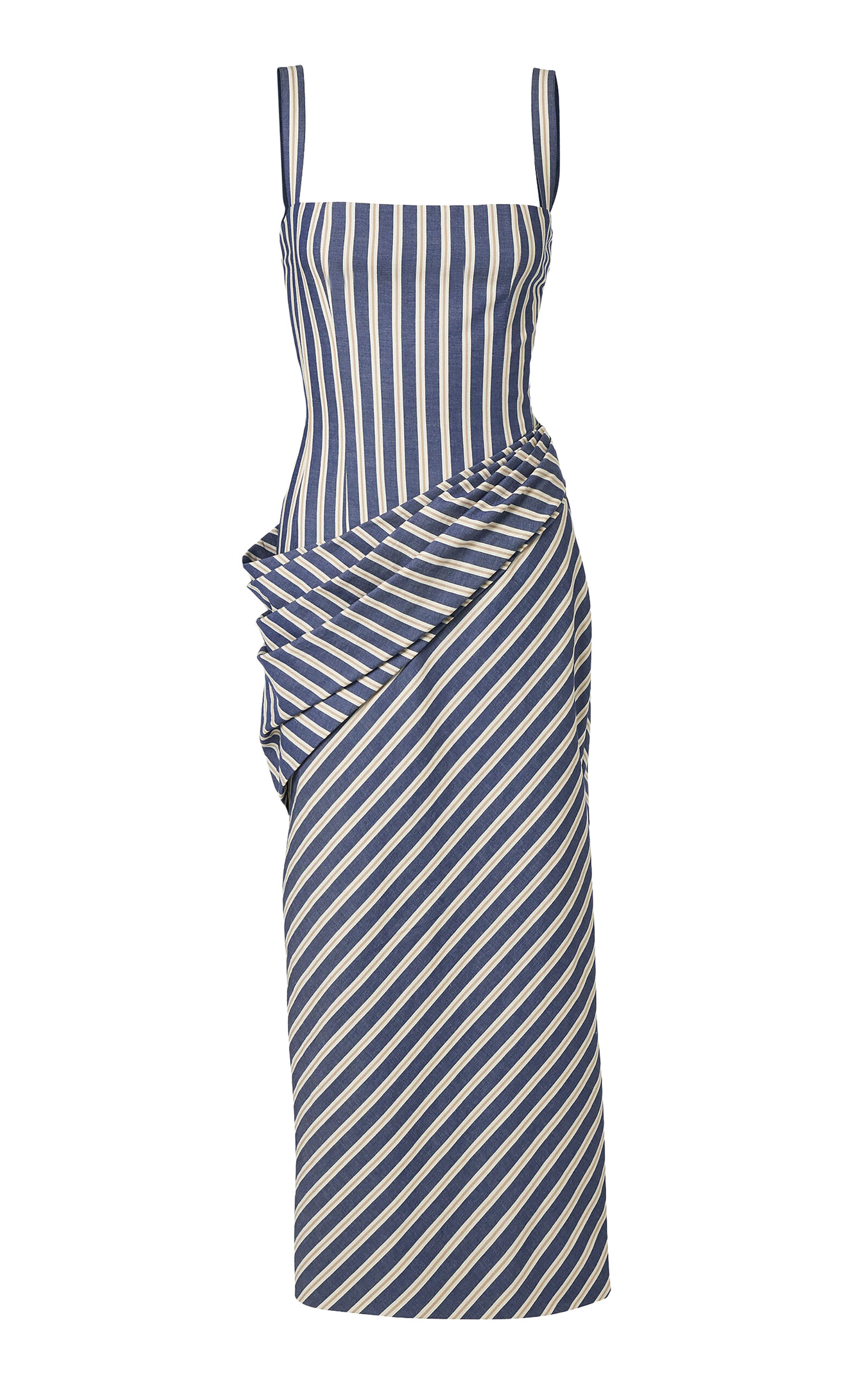 Carolina Herrera - Draped Cotton Denim-Stripe Midi Dress - Blue - US 12 - Moda Operandi