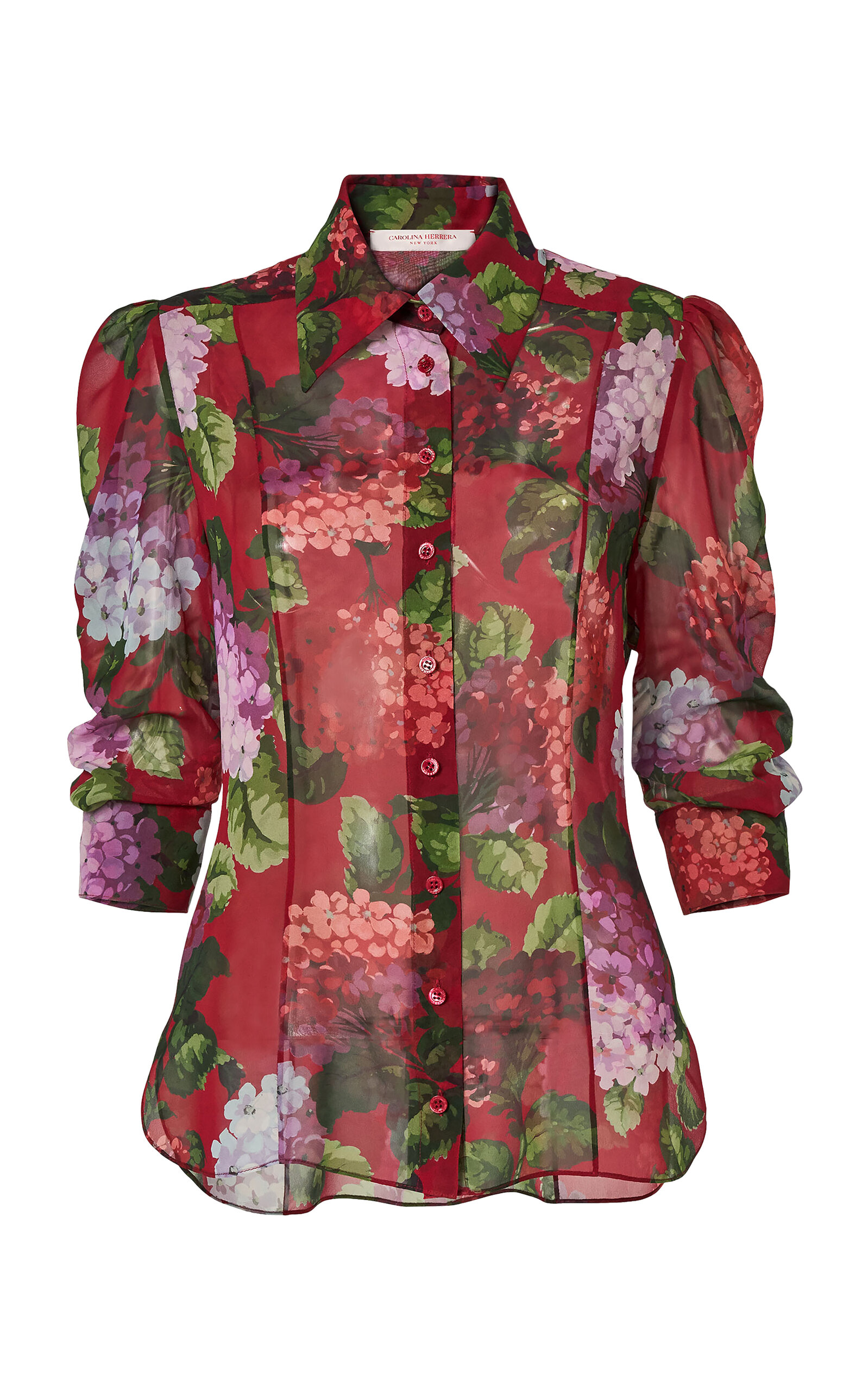 Carolina Herrera Collared Hydrangea-Printed Chiffon Top