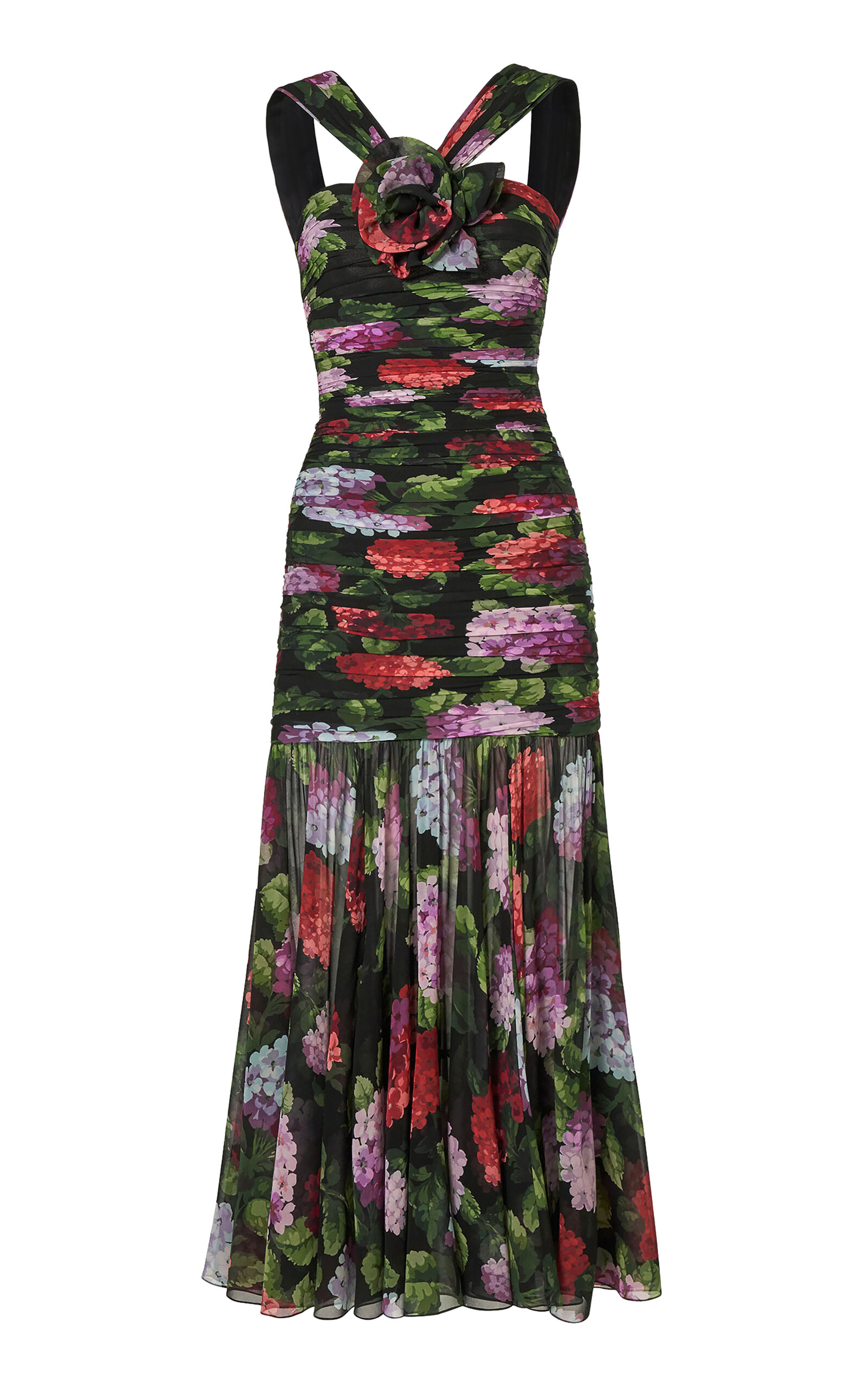 Carolina Herrera Ruched Hydrangea-Printed Chiffon Dress