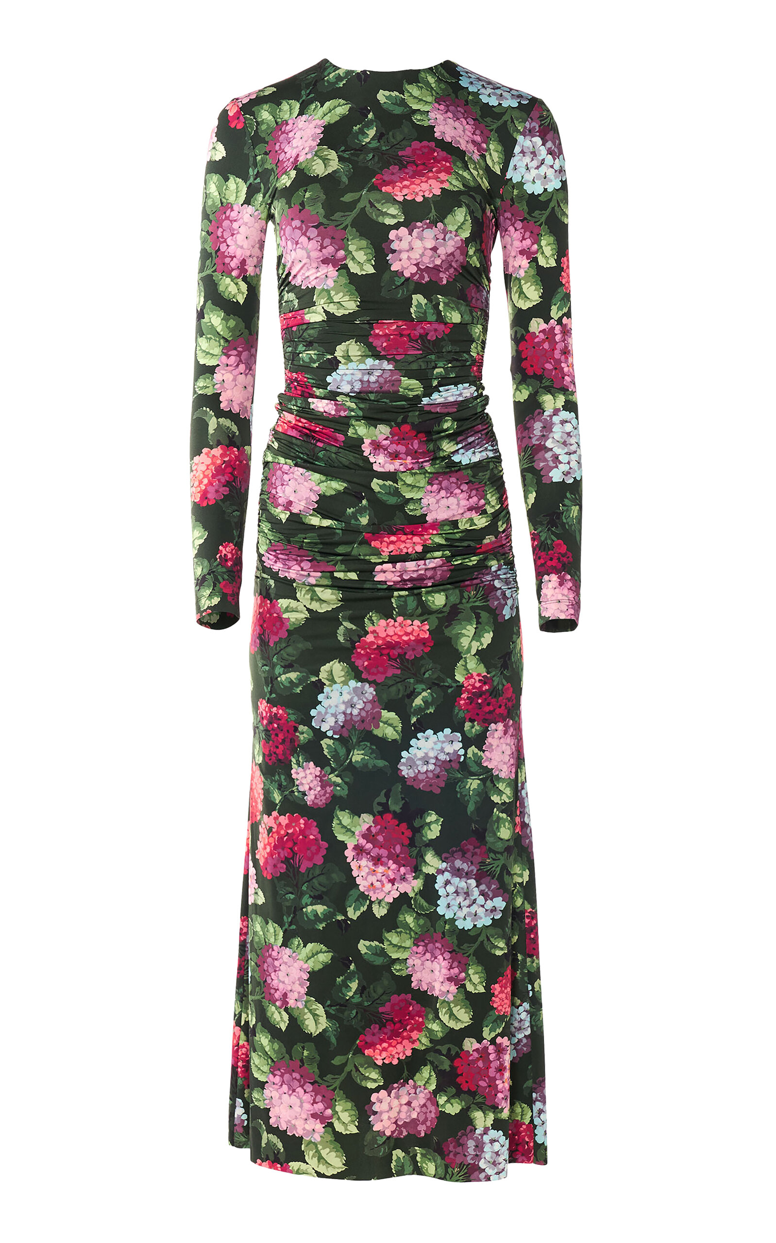 Carolina Herrera Ruched Hydrangea-Printed Jersey Dress