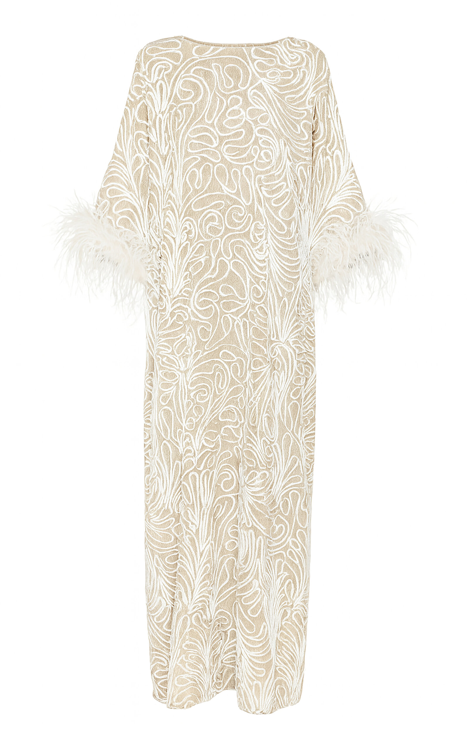 Dima Ayad Embroidered Feather-Trimmed Maxi Kaftan