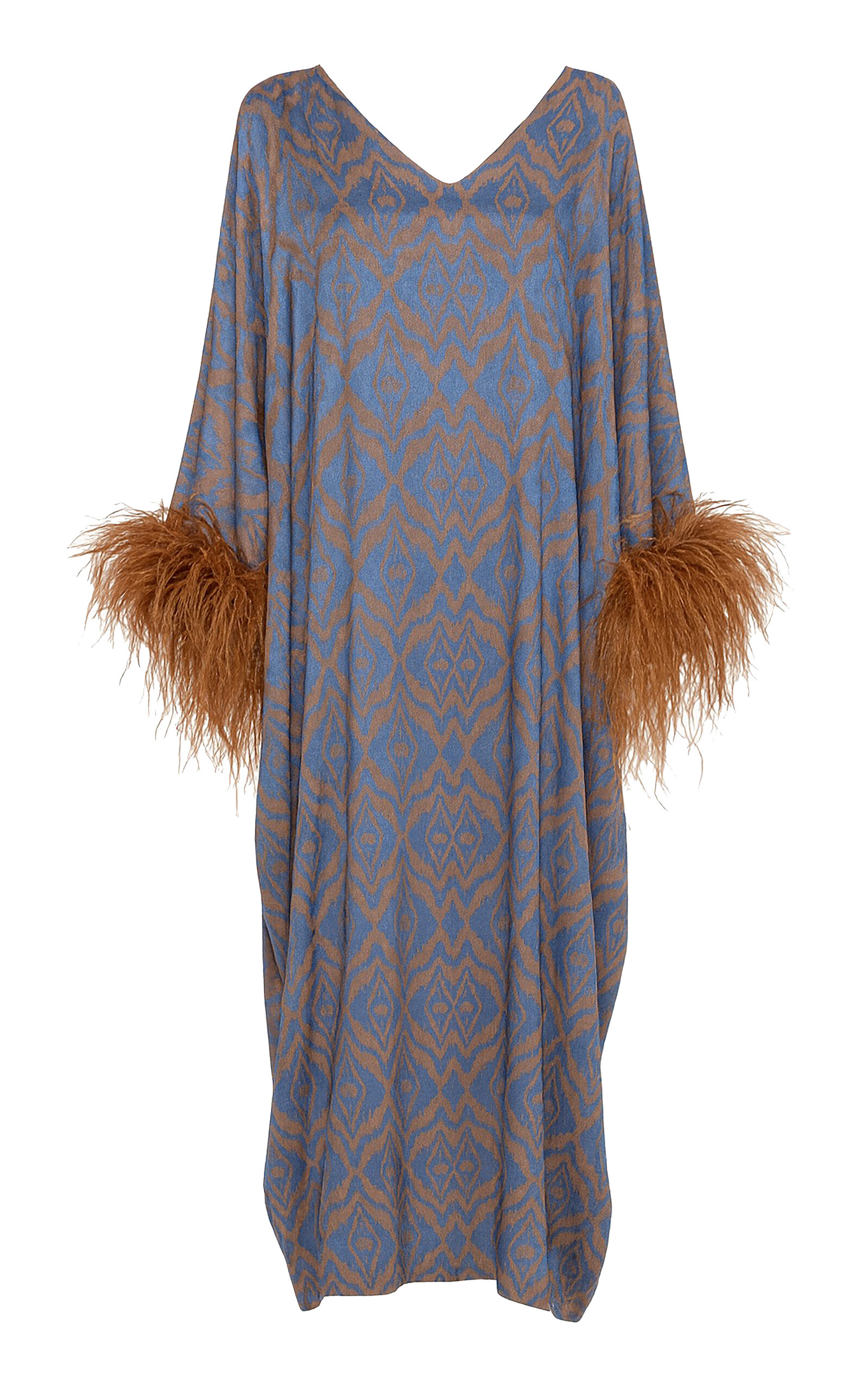 Dima Ayad Feather-Trimmed Metallic Print Maxi Kaftan