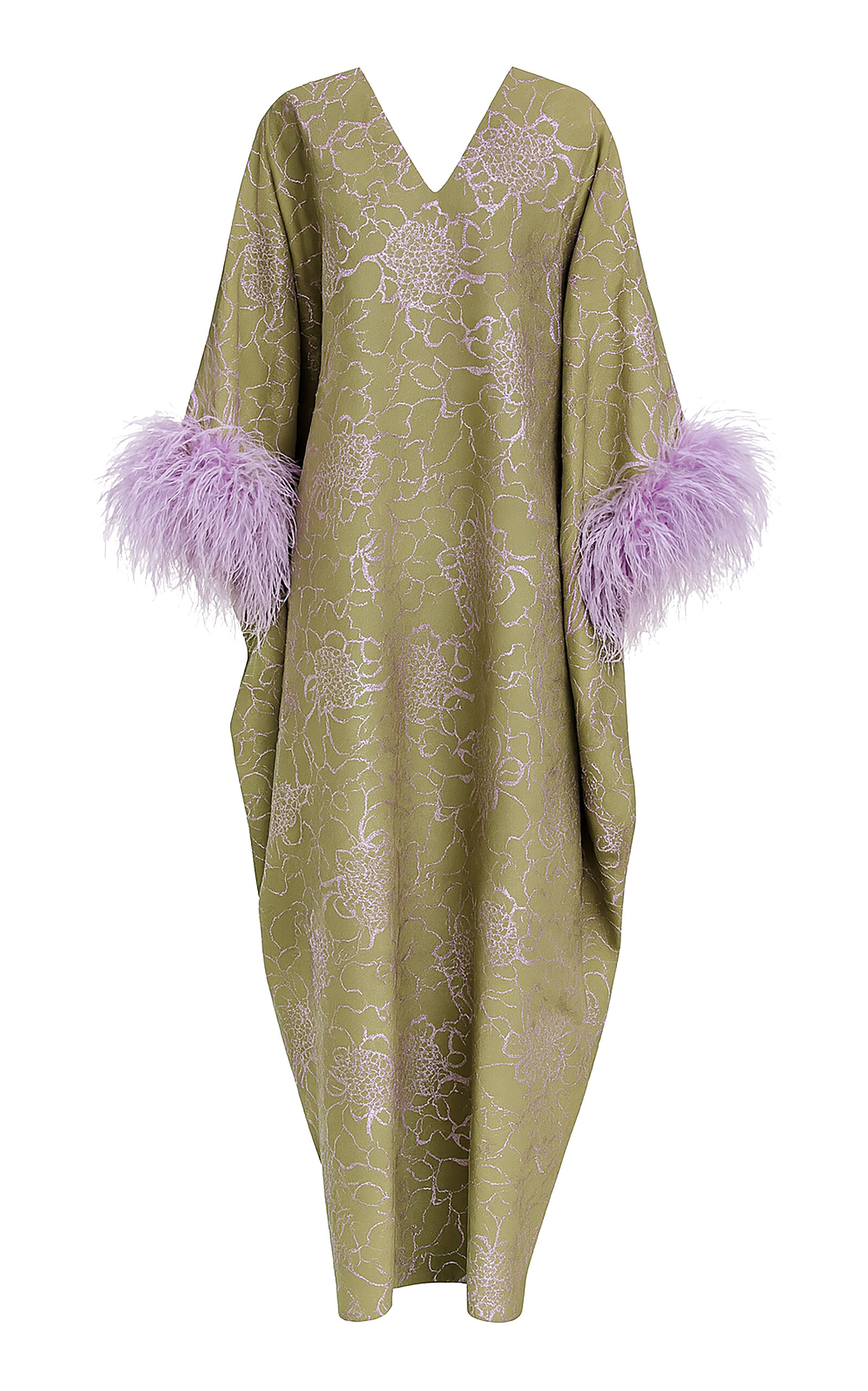 Dima Ayad Feather-Trimmed Metallic Floral-Print Maxi Caftan