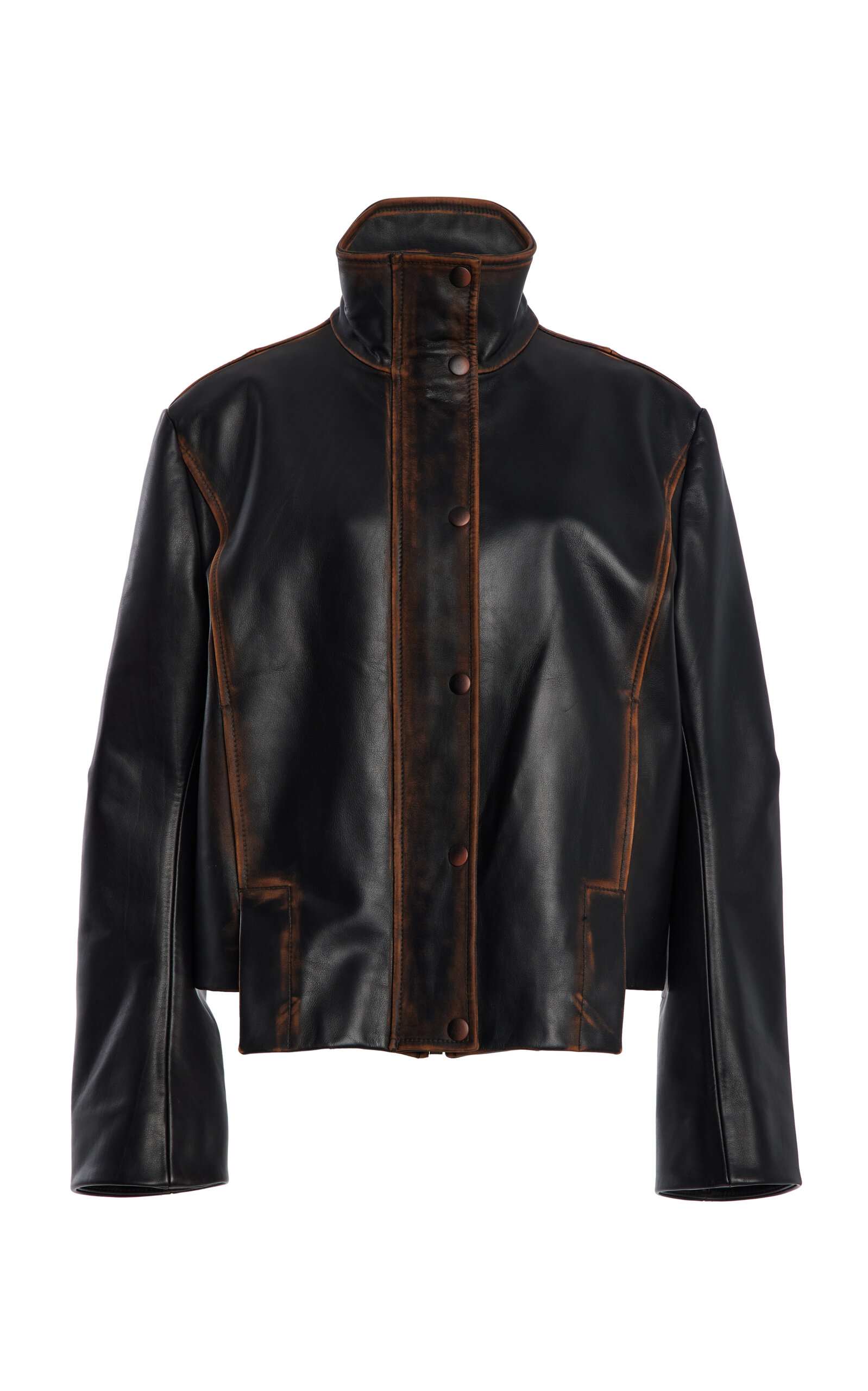 Brandon Maxwell The Mason High-Neck Hand Distressed Leather Jacket