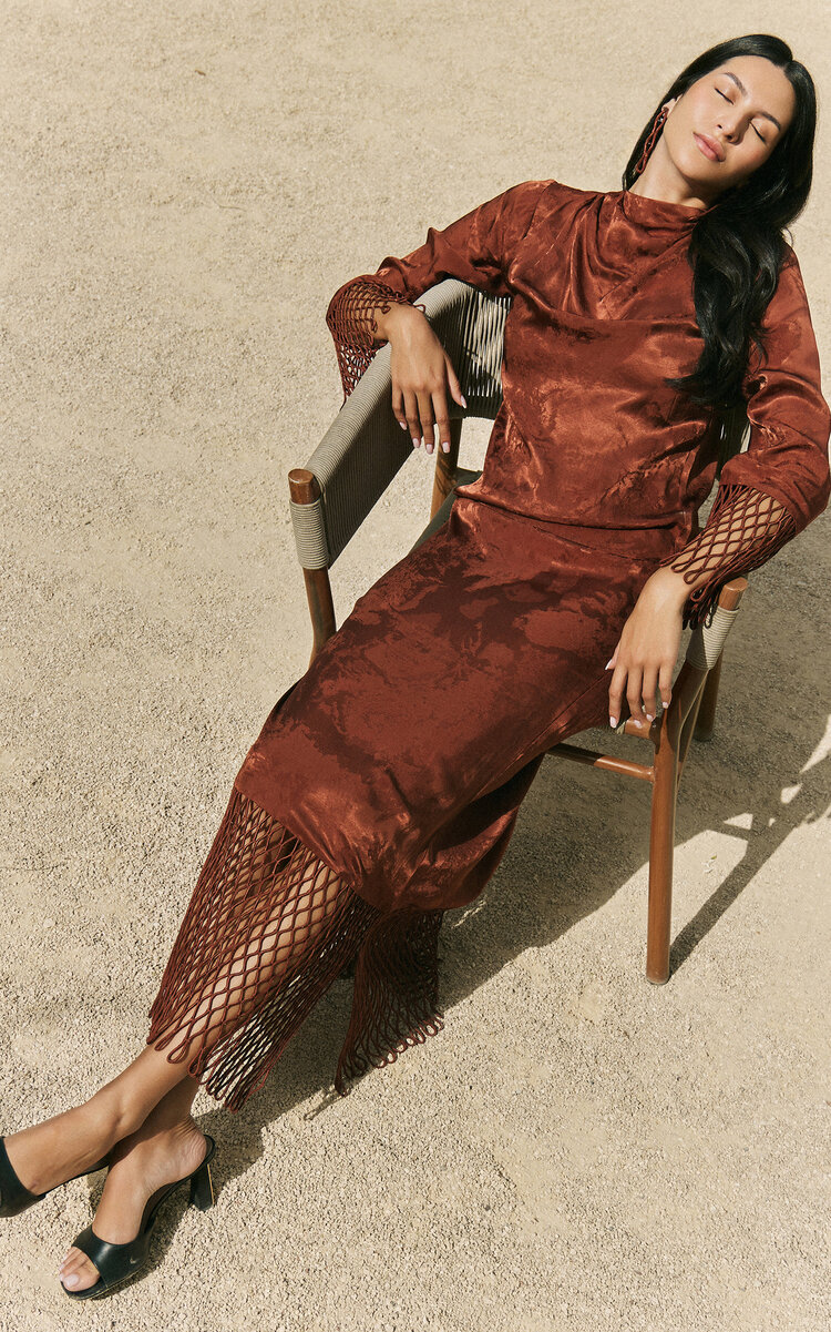 WAED ASMAR Kahraman Lattice-Trimmed Satin Jacquard Maxi Dress