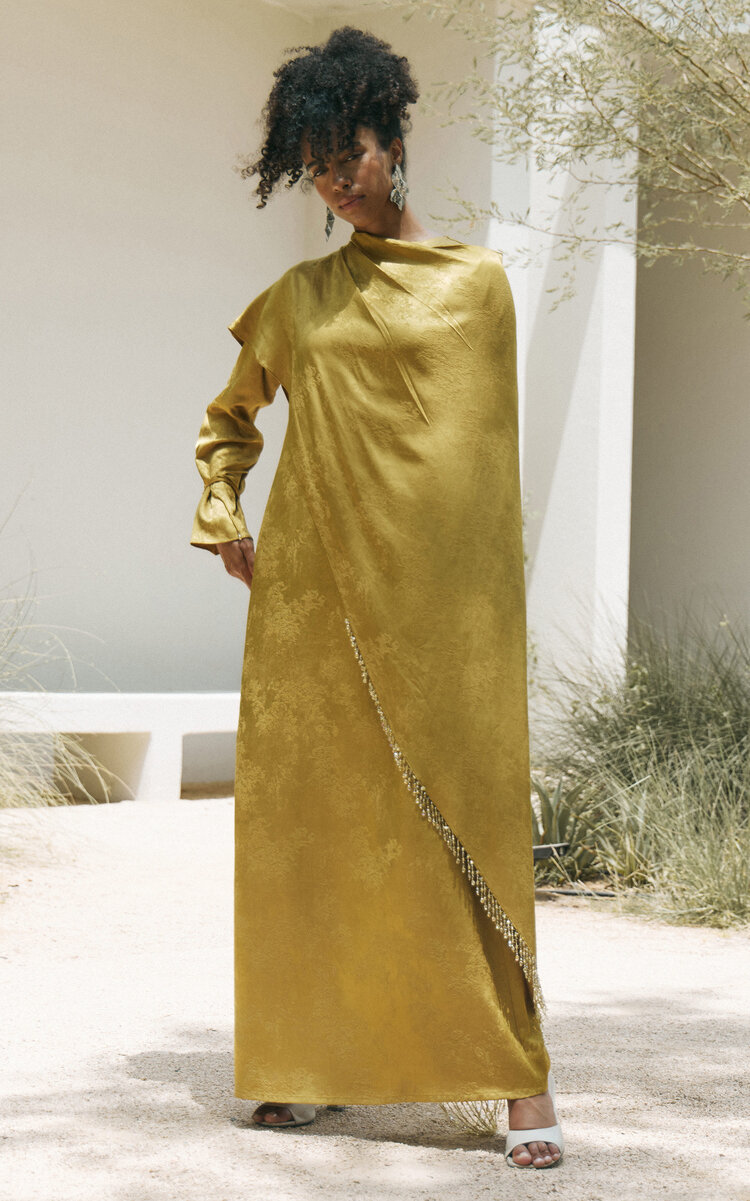 WAED ASMAR Soleya Cape-Detailed Embellished Satin Jacquard Caftan Dress