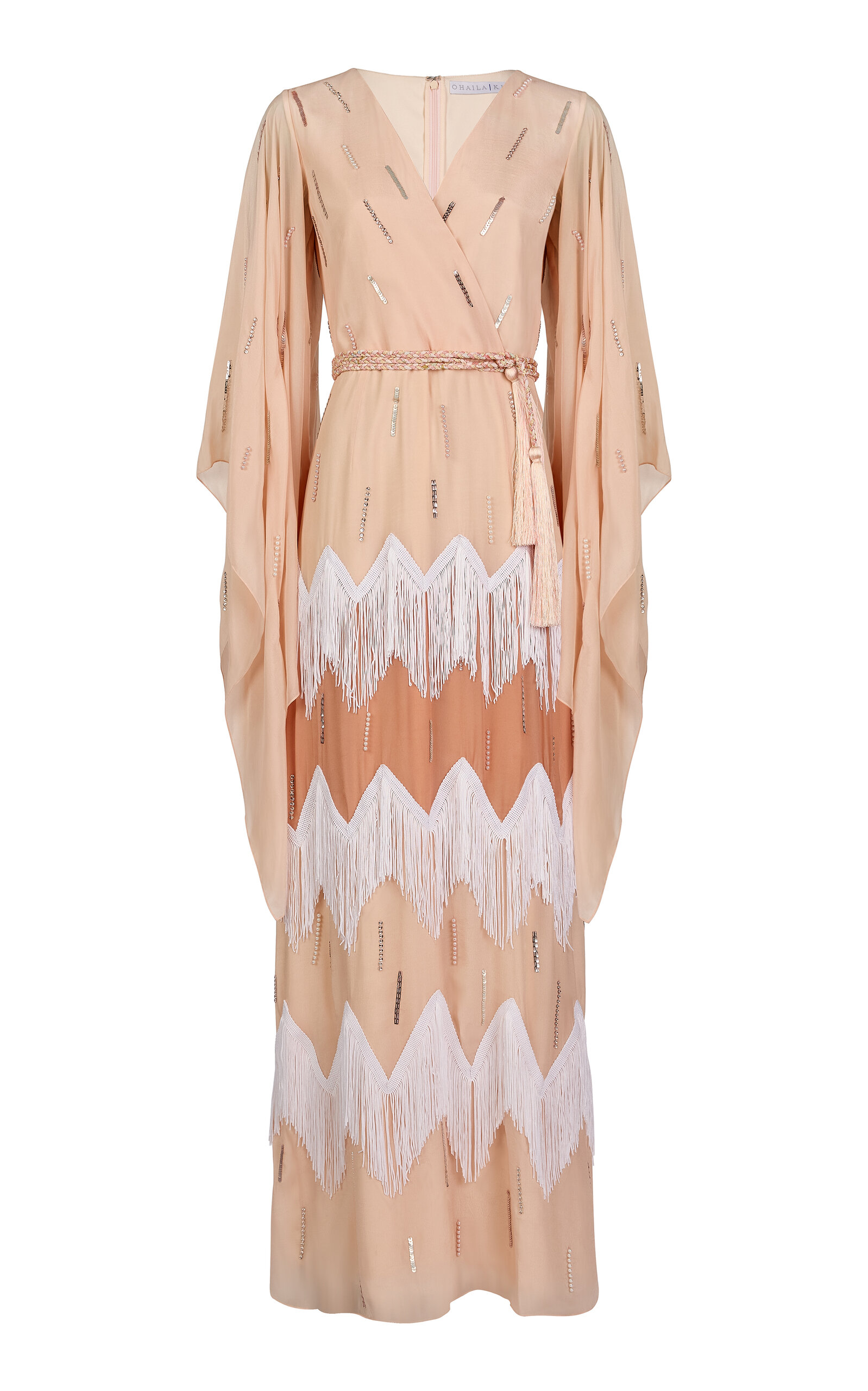 Ola by Ohaila Khan Fringe-Trimmed Embroidered Crepe Maxi Wrap Dress