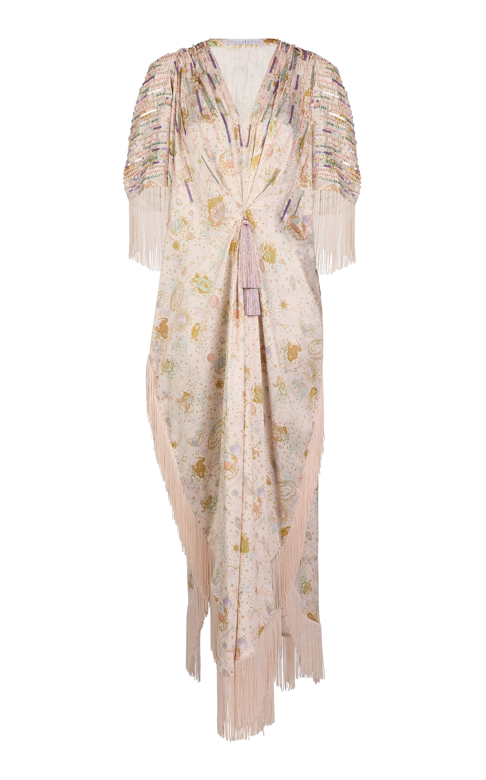 Ola by Ohaila Khan Fringe-Trimmed Sequined Crepe Caftan Dress