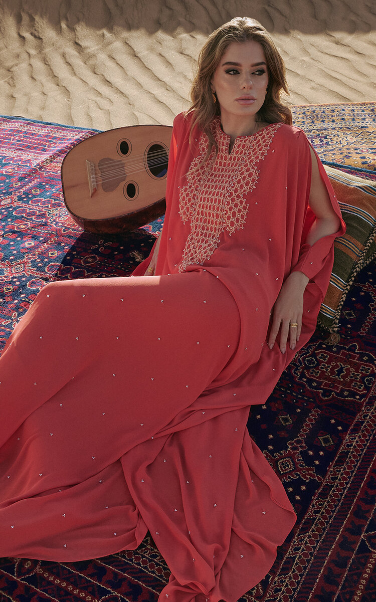 Bthaina Hand-Embellished Chiffon Caftan Dress