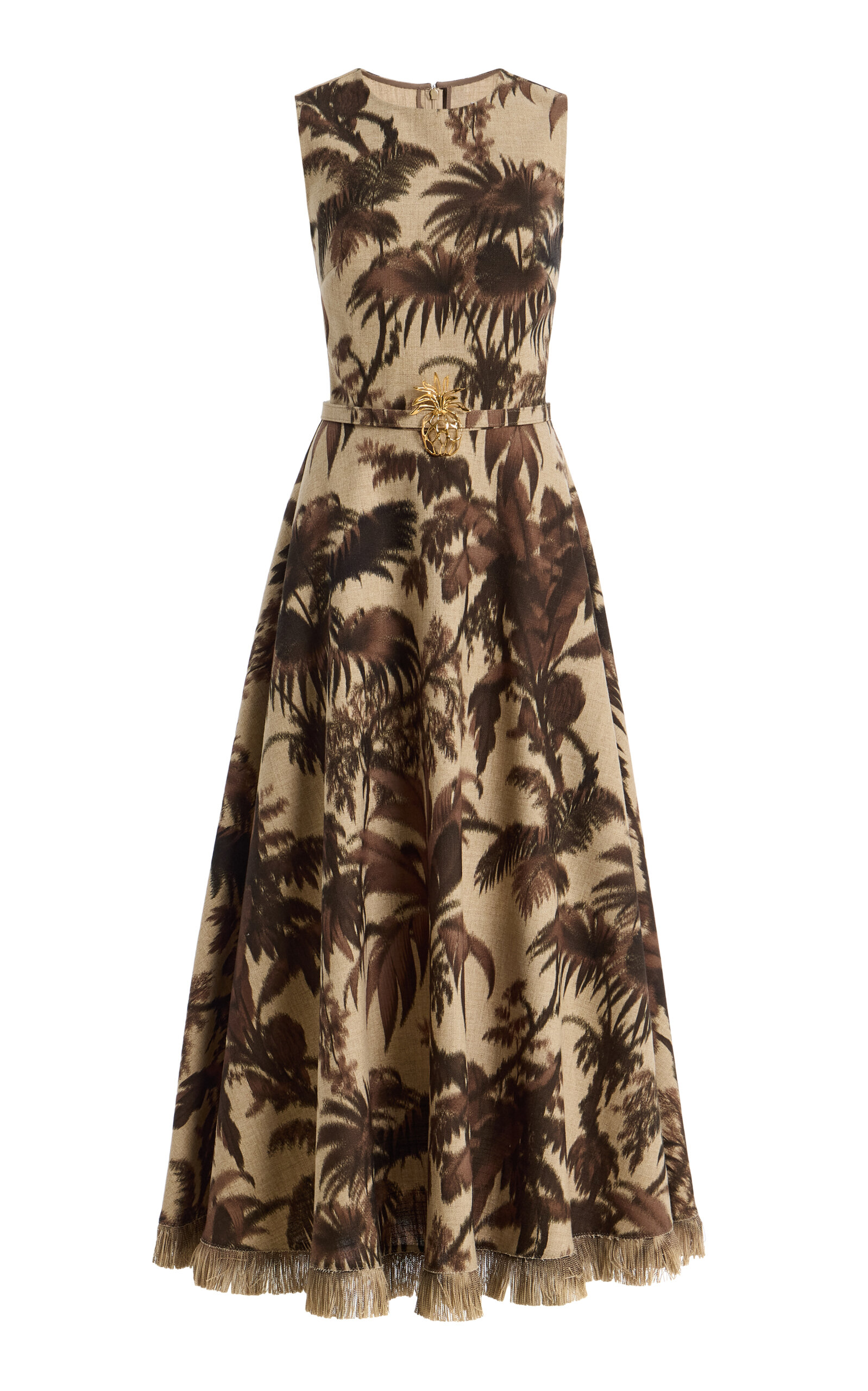 Oscar de la Renta - Palm-Print Midi Dress - Brown - US 4 - Moda Operandi