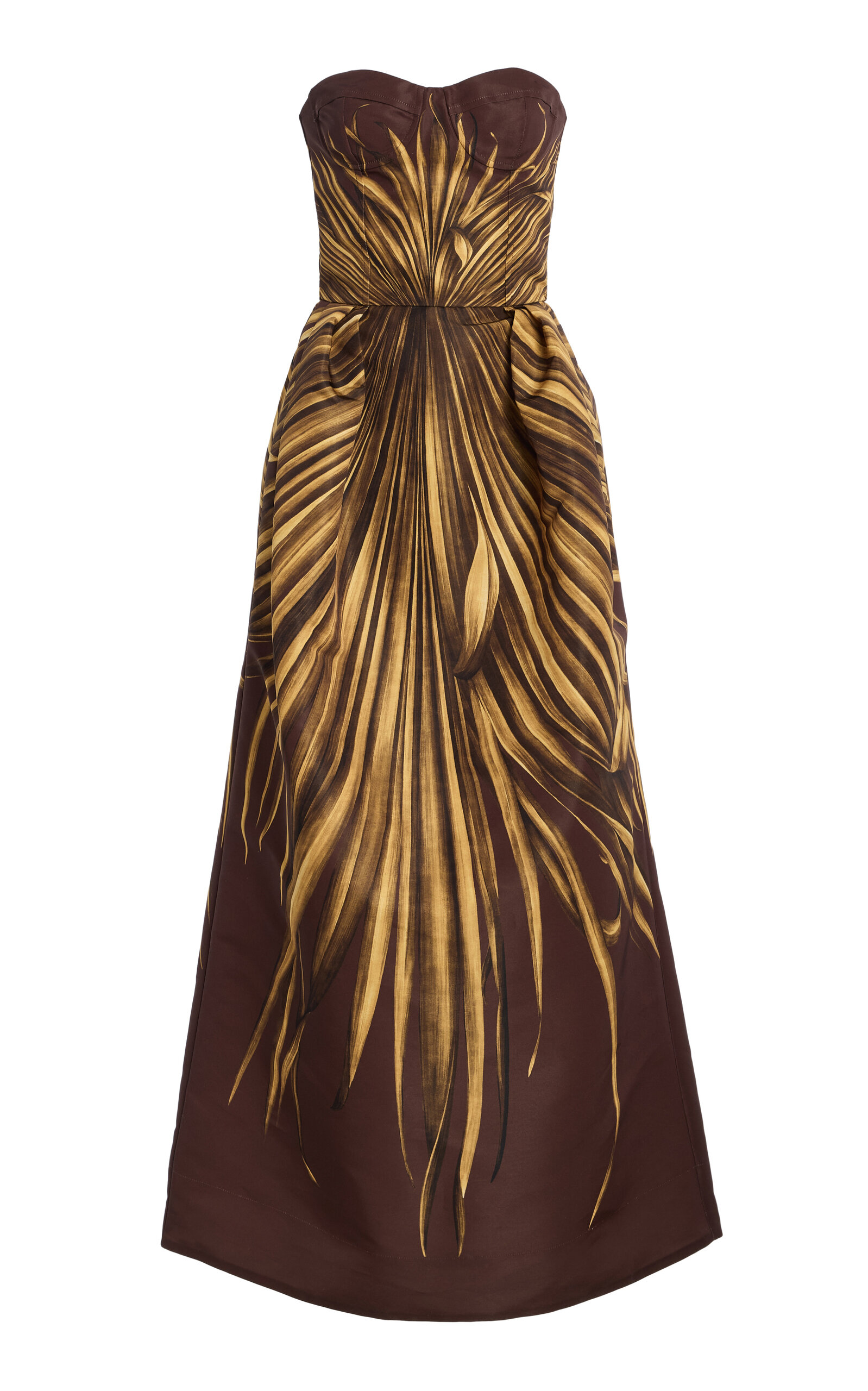 Oscar de la Renta - Palm-Printed Faille Maxi Cocktail Dress - Brown - US 2 - Moda Operandi