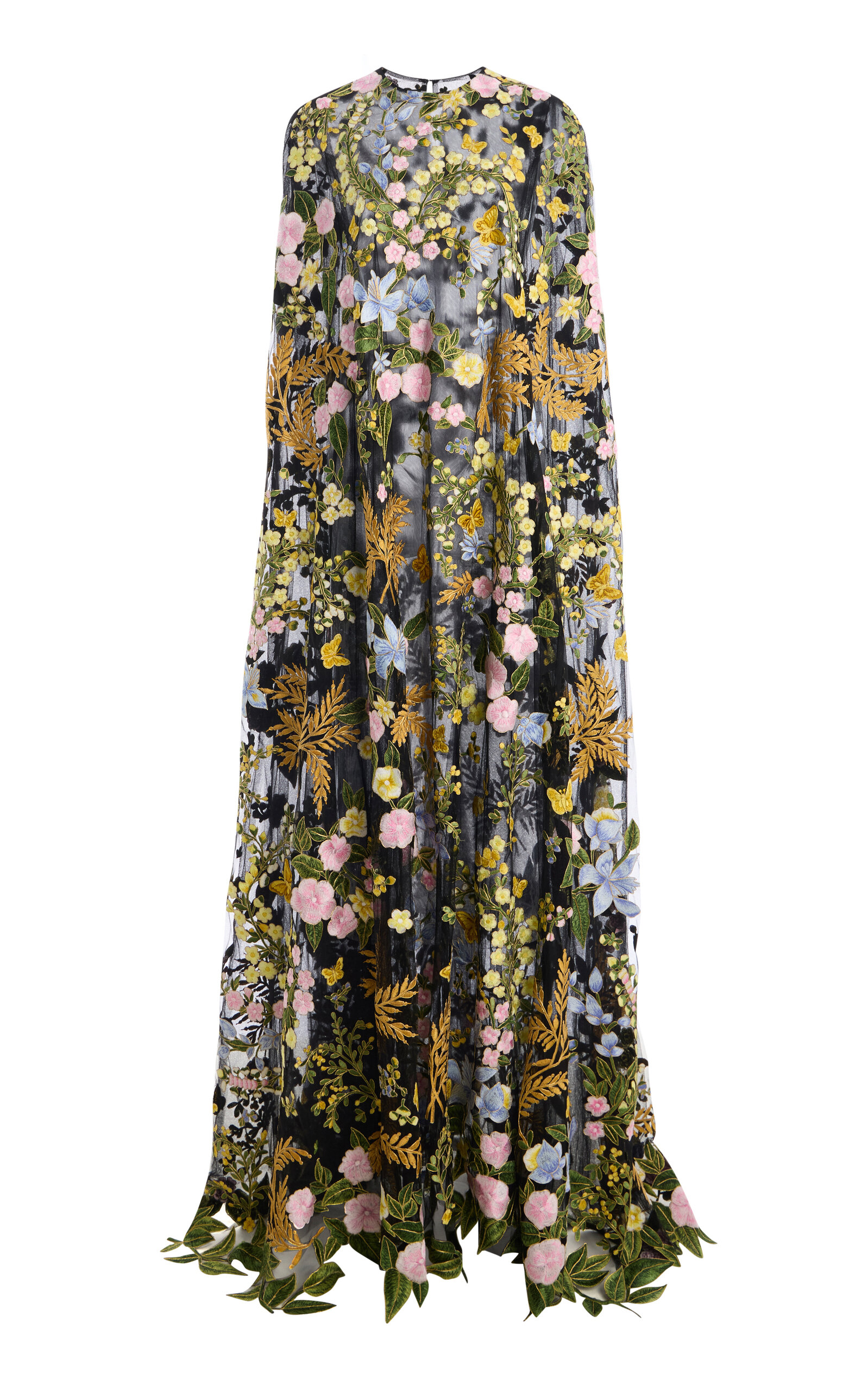 Oscar de la Renta Open-Sleeve Floral Lace Caftan