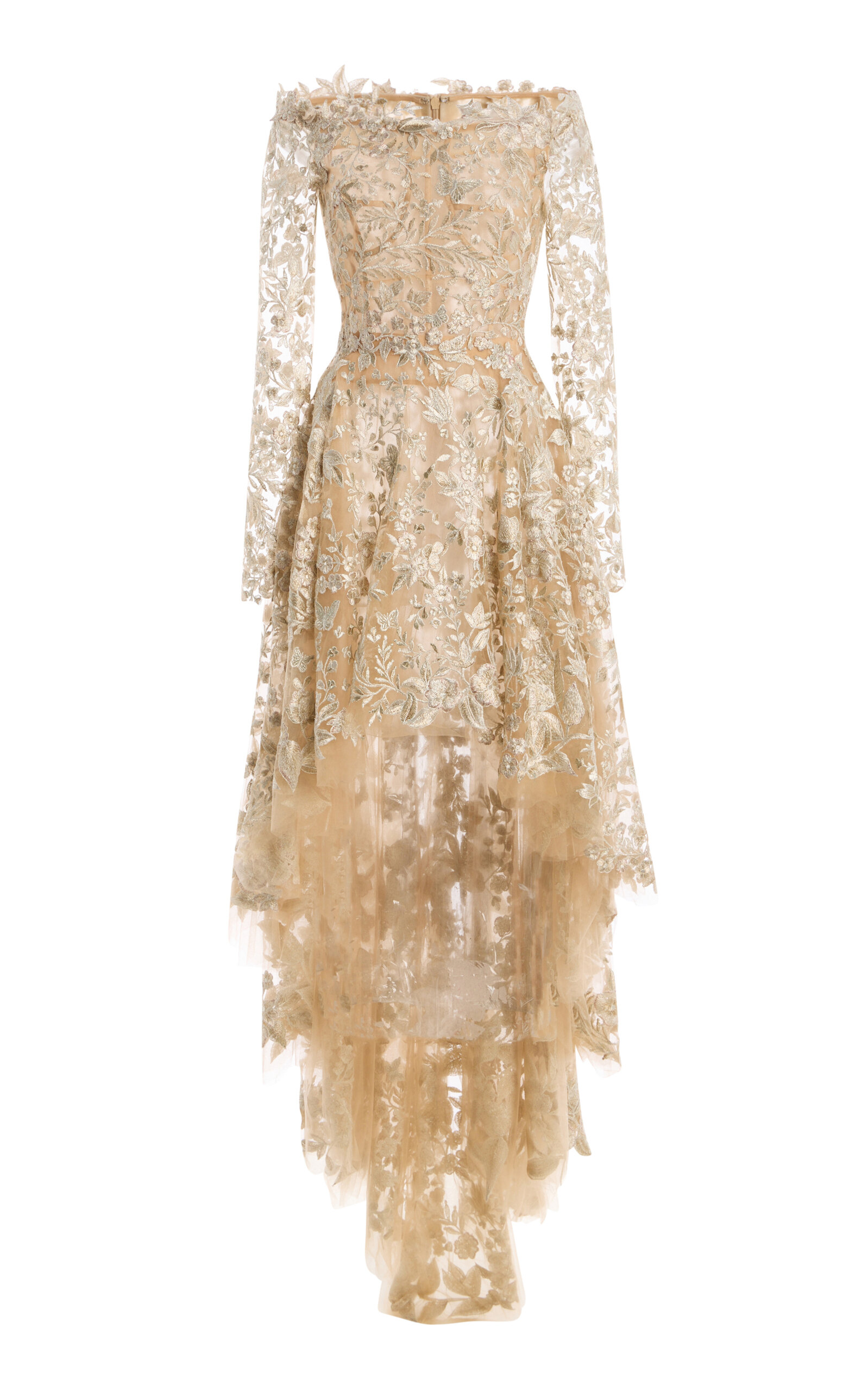 Oscar de la Renta Off-The-Shoulder Metallic Floral Maxi Cocktail Dress