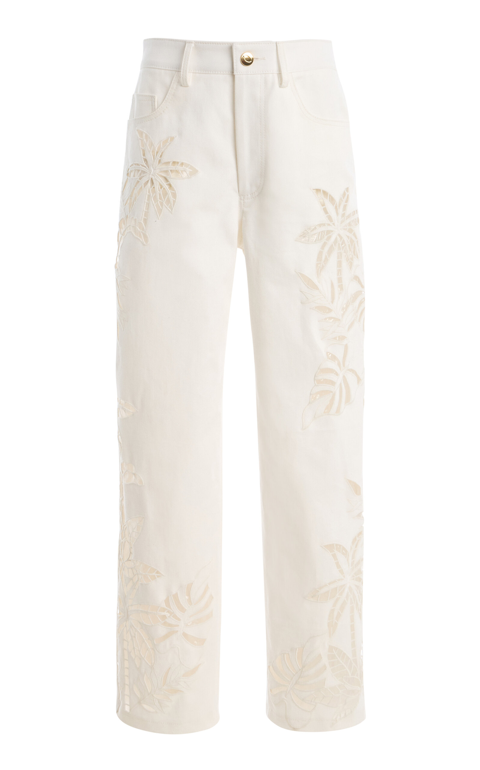 Oscar de la Renta Leaf-Embroidered Denim Wide-Leg Pants