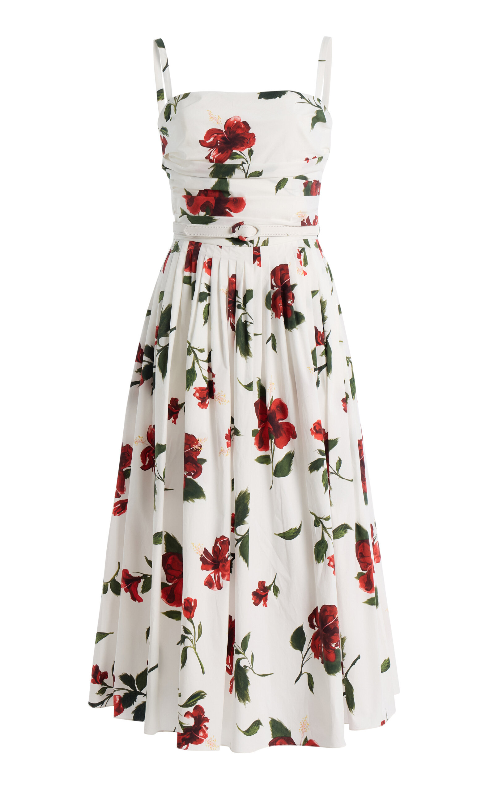 Oscar de la Renta - Hibiscus Stretch Cotton-Poplin Midi Dress - White - US 12 - Moda Operandi