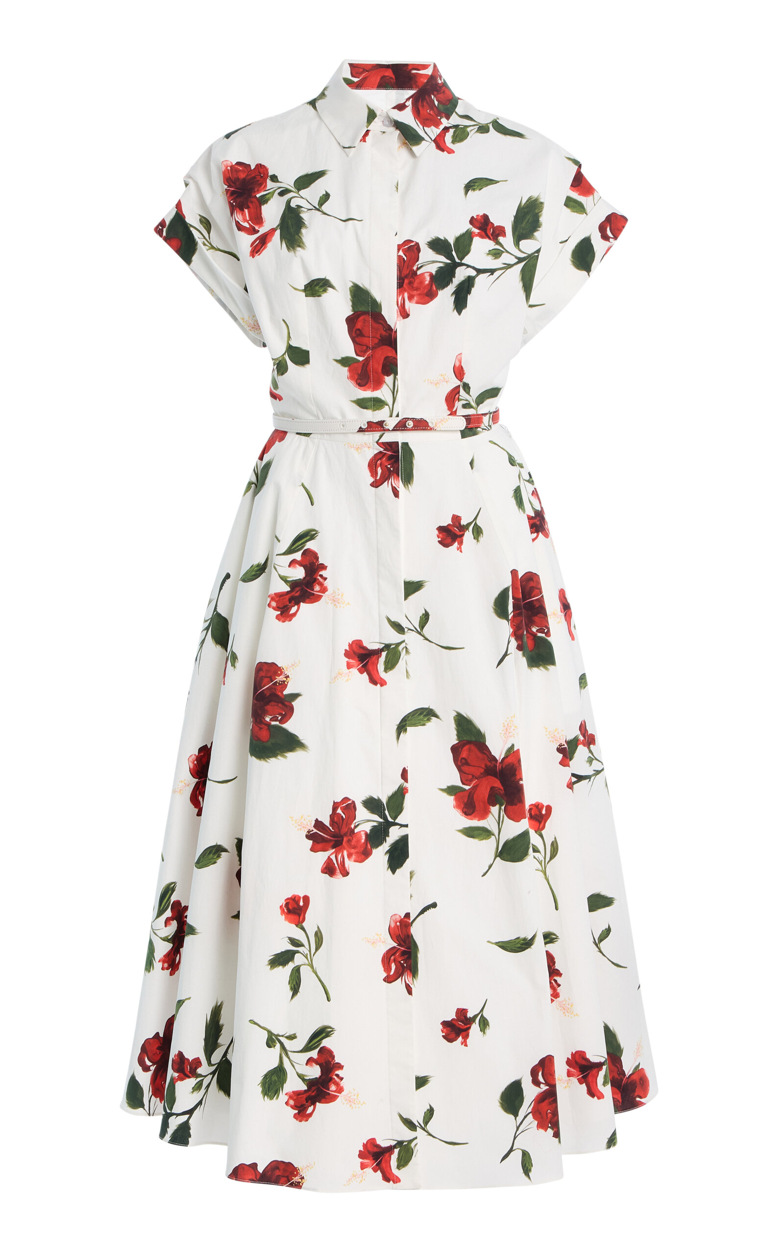 Oscar de la Renta Hibiscus Stretch Cotton-Poplin Midi Shirt Dress