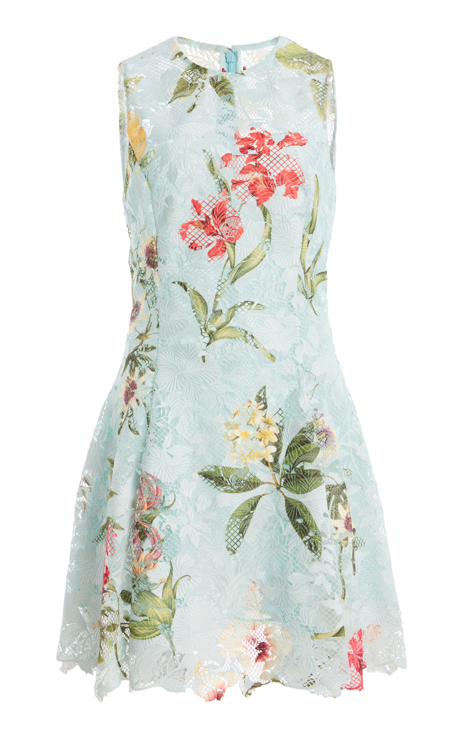 Oscar de la Renta - Floral-Printed Lace Mini Dress - Light Blue - US 12 - Moda Operandi