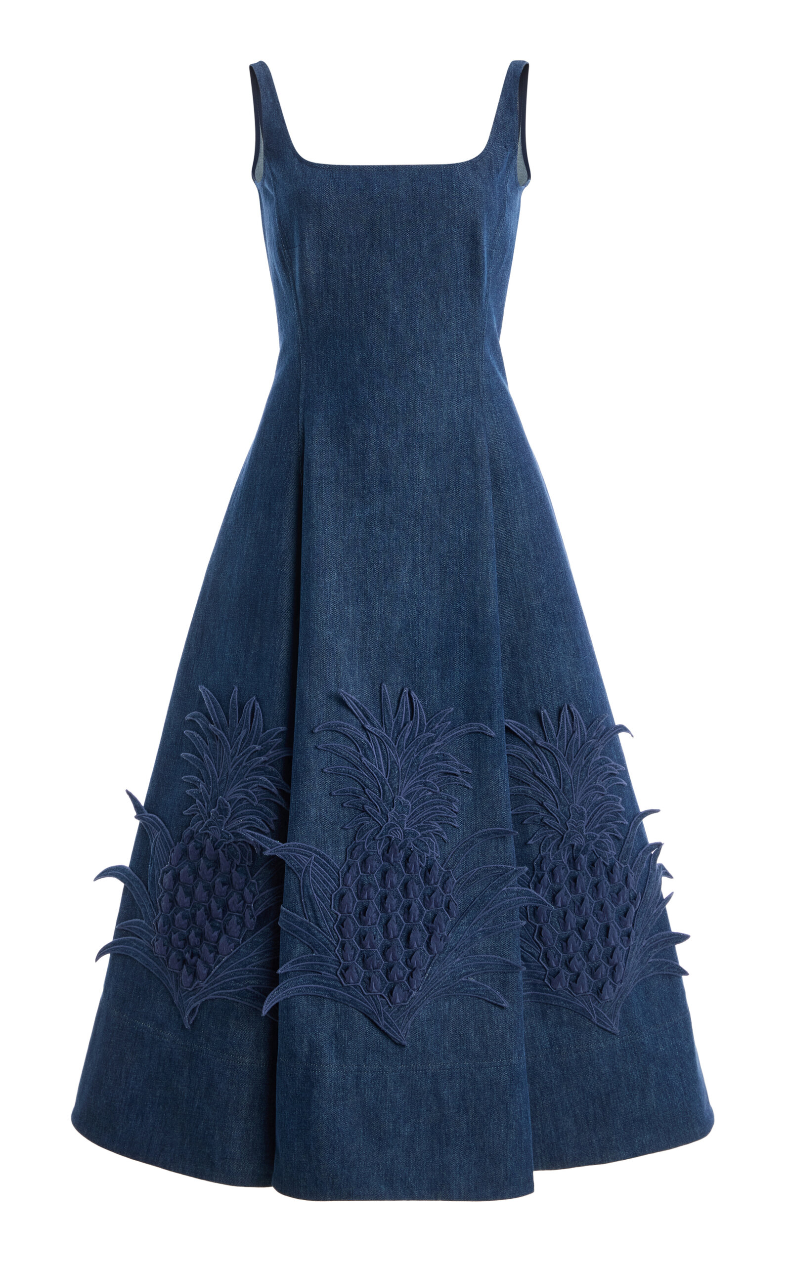 Oscar de la Renta Pineapple-Embroidered Denim Midi Dress