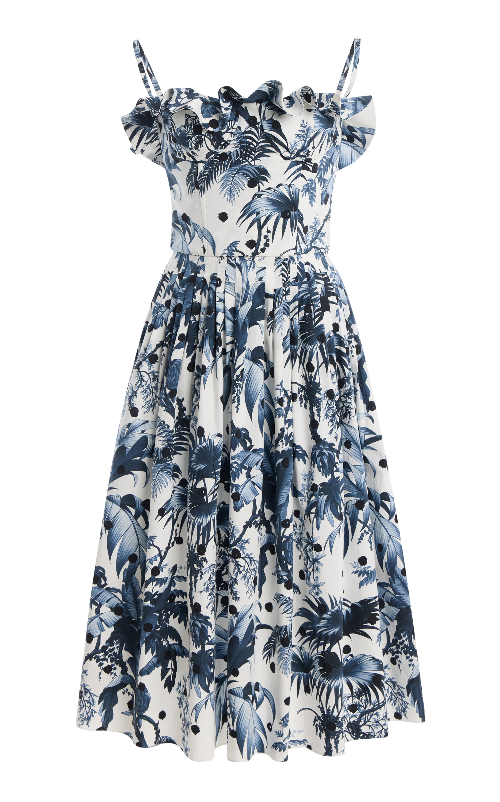 Oscar de la Renta - Dotted-Palms-Printed Stretch Cotton-Poplin Midi Dress - Navy - US 00 - Moda Operandi