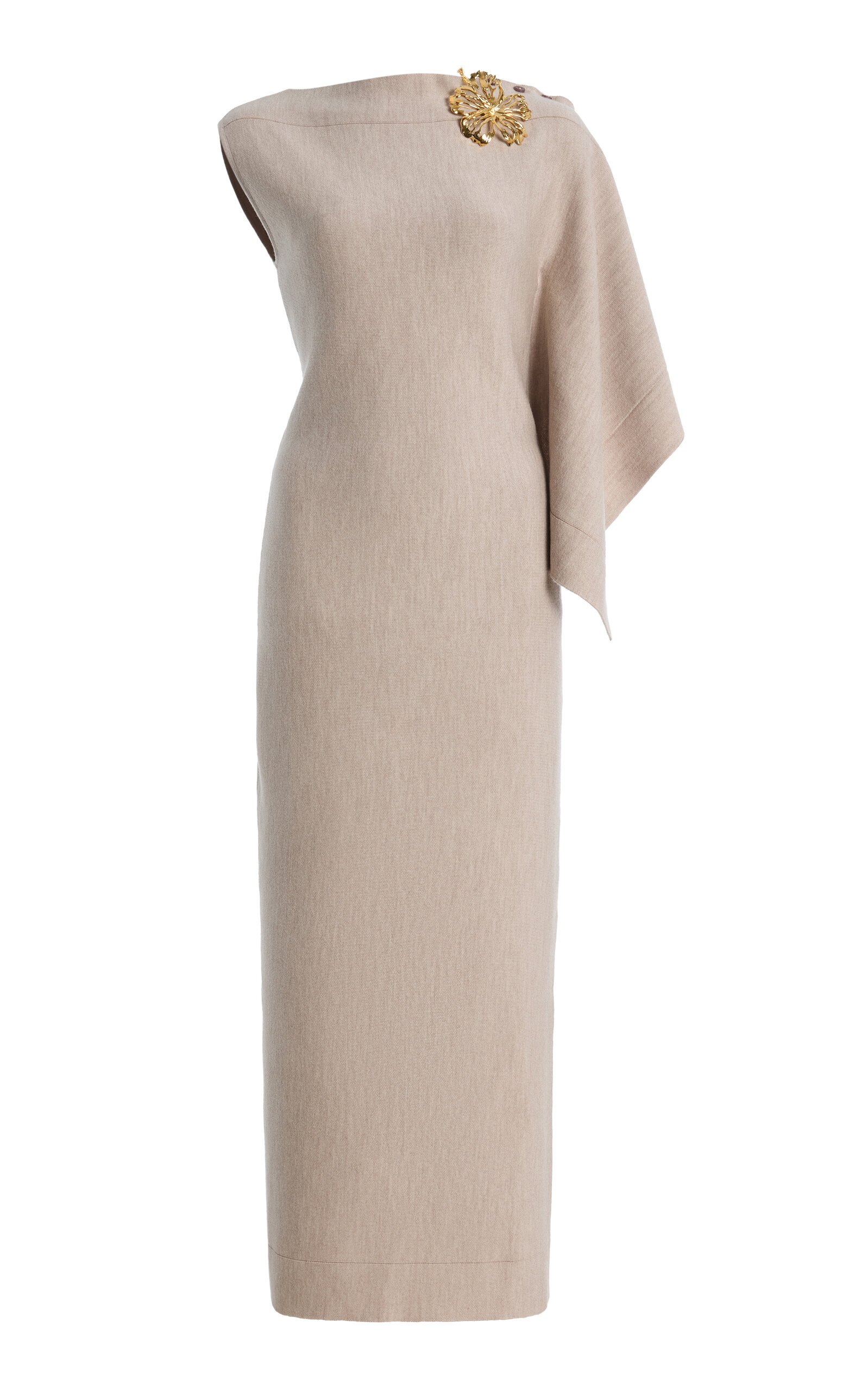 Oscar de la Renta - Draped Virgin Wool Midi Dress - Tan - XS - Moda Operandi