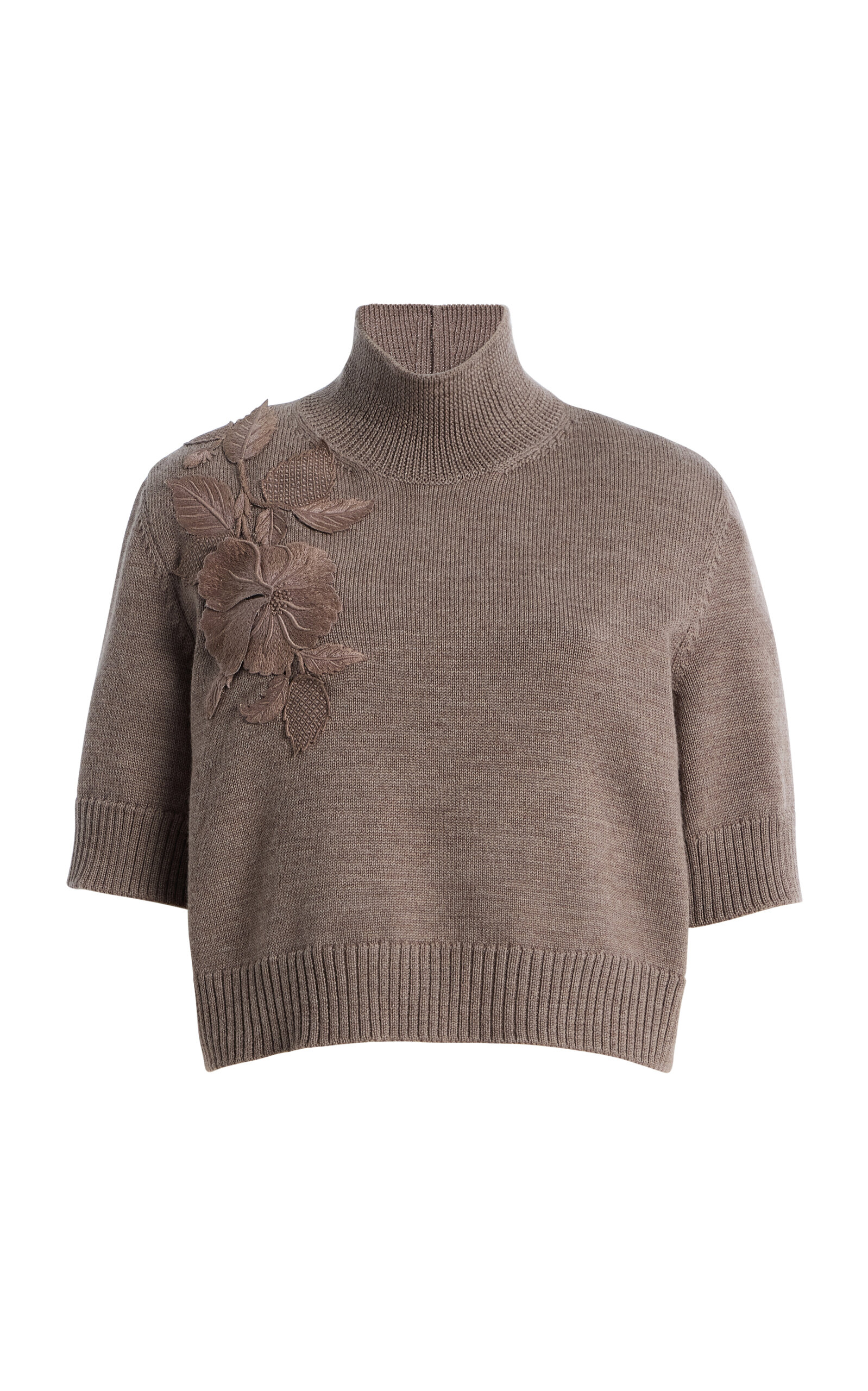 Oscar de la Renta Flower-Embroidered Virgin-Wool Top