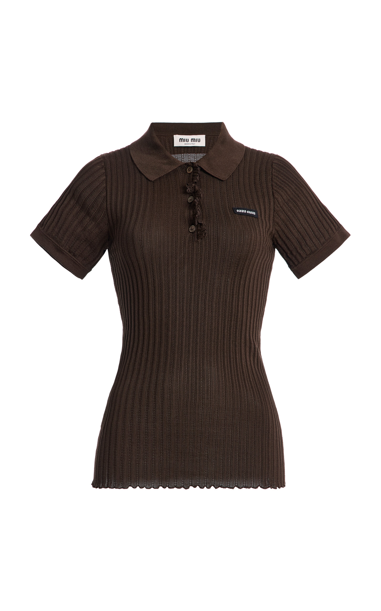 Miu Miu - Ribbed-Knit Silk-Blend Polo - Brown - IT 36 - Moda Operandi