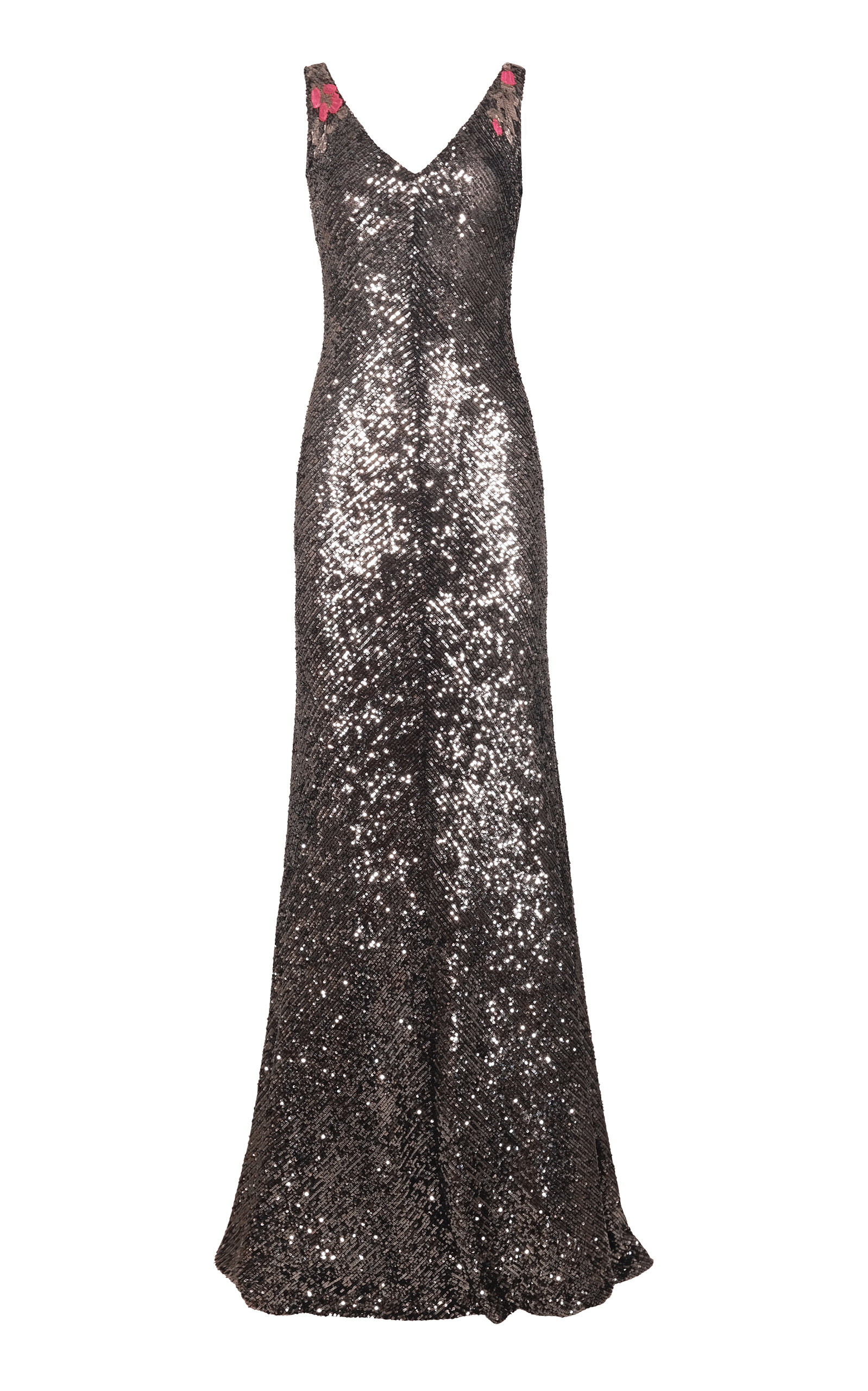Naeem Khan Floral Applique Stretch Sequin V-Neck Gown