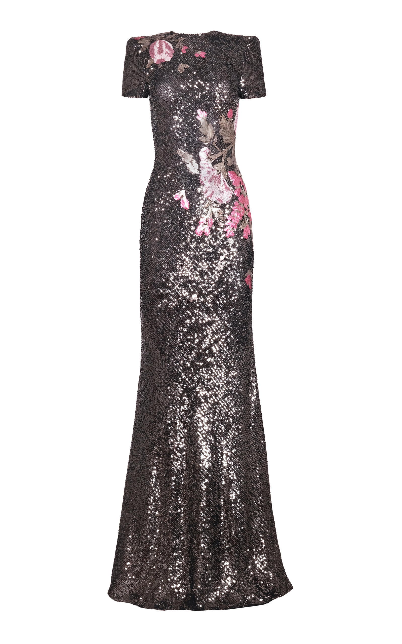 Naeem Khan Floral Applique Stretch Sequin Cap Sleeve Gown